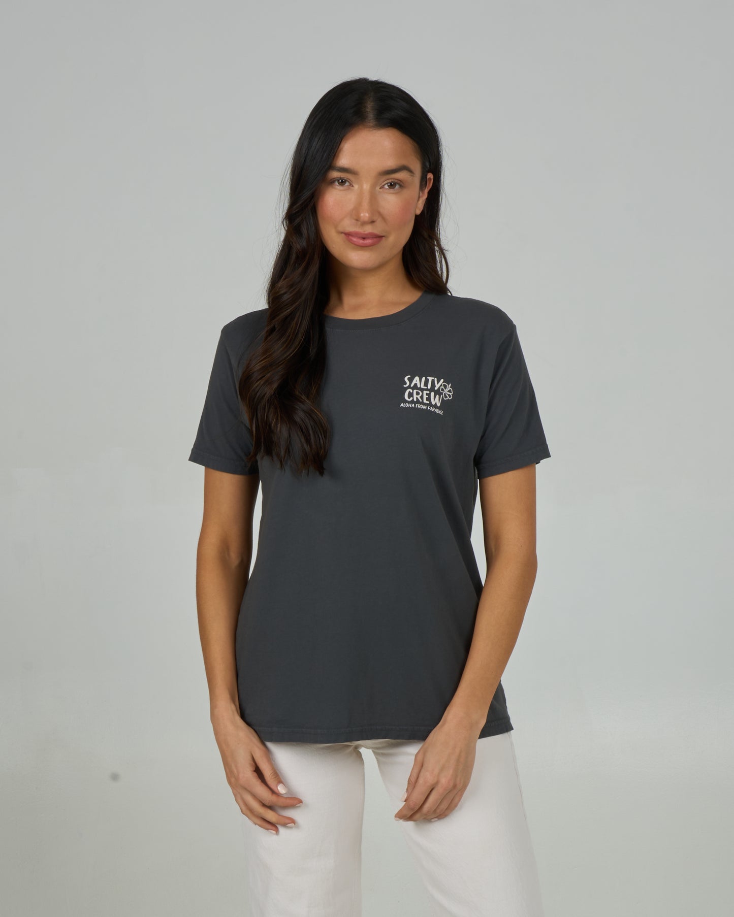Front view of the Island Chain Boyfriend Tee - Charcoal. 