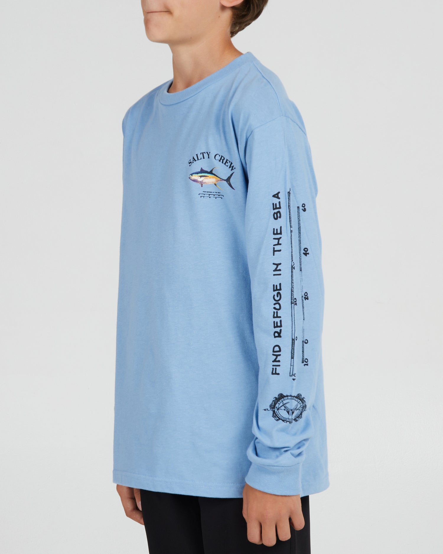 front angled Ahi Mount Boys Marine Blue L/S Tee