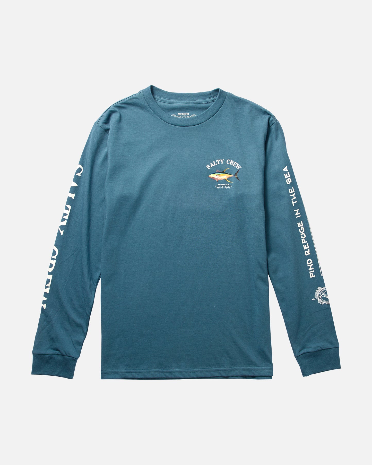 Front view of the Ahi Mount Boys Slate L/S Tee. 