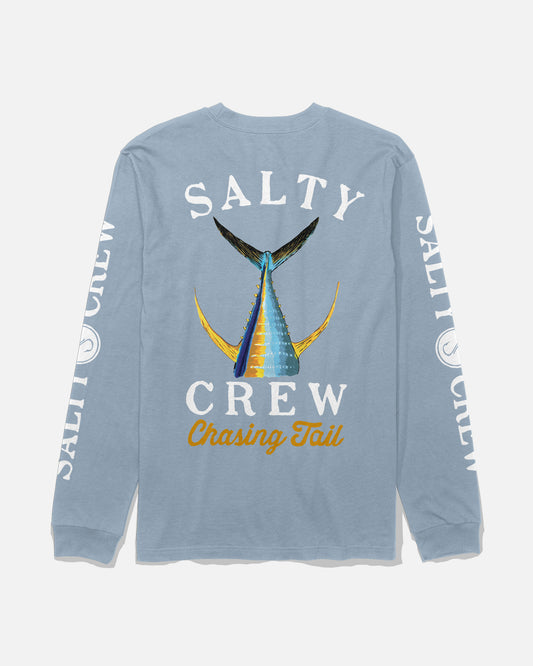 Back view of the Tailed Classic Long Sleeve Tee - Blue Fog. 