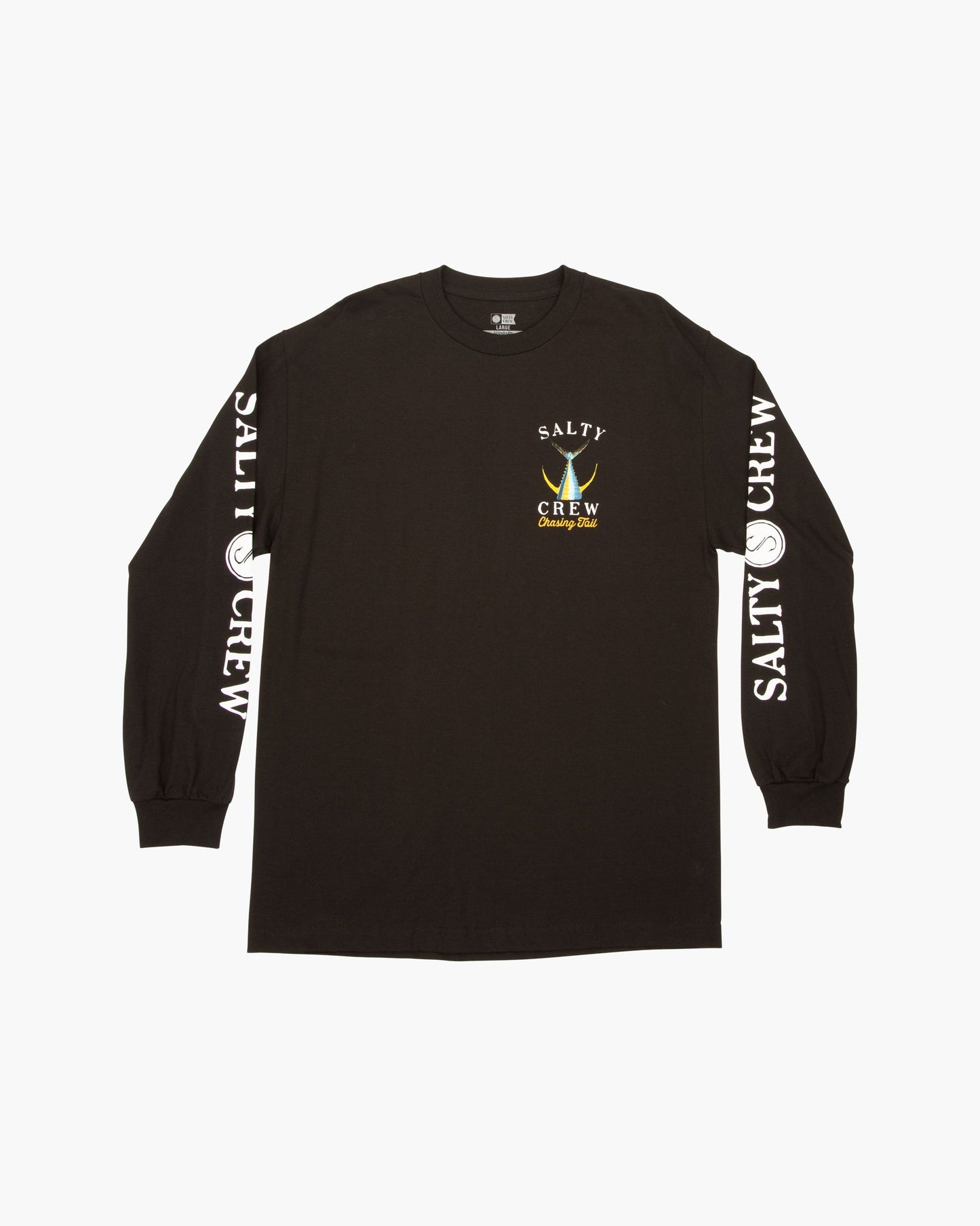 The Salty Crew Tailed Classic Long Sleeve Tee in black features a soft spun cotton construction, a white logo with yellow graphic screenprinted on the chest, and SALTY CREW text running down both sleeves.