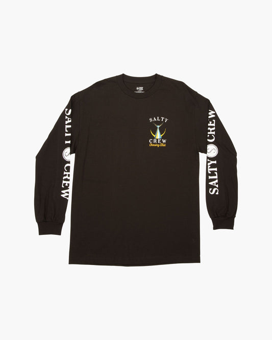 The Salty Crew Tailed Classic Long Sleeve Tee in black features a soft spun cotton construction, a white logo with yellow graphic screenprinted on the chest, and SALTY CREW text running down both sleeves.