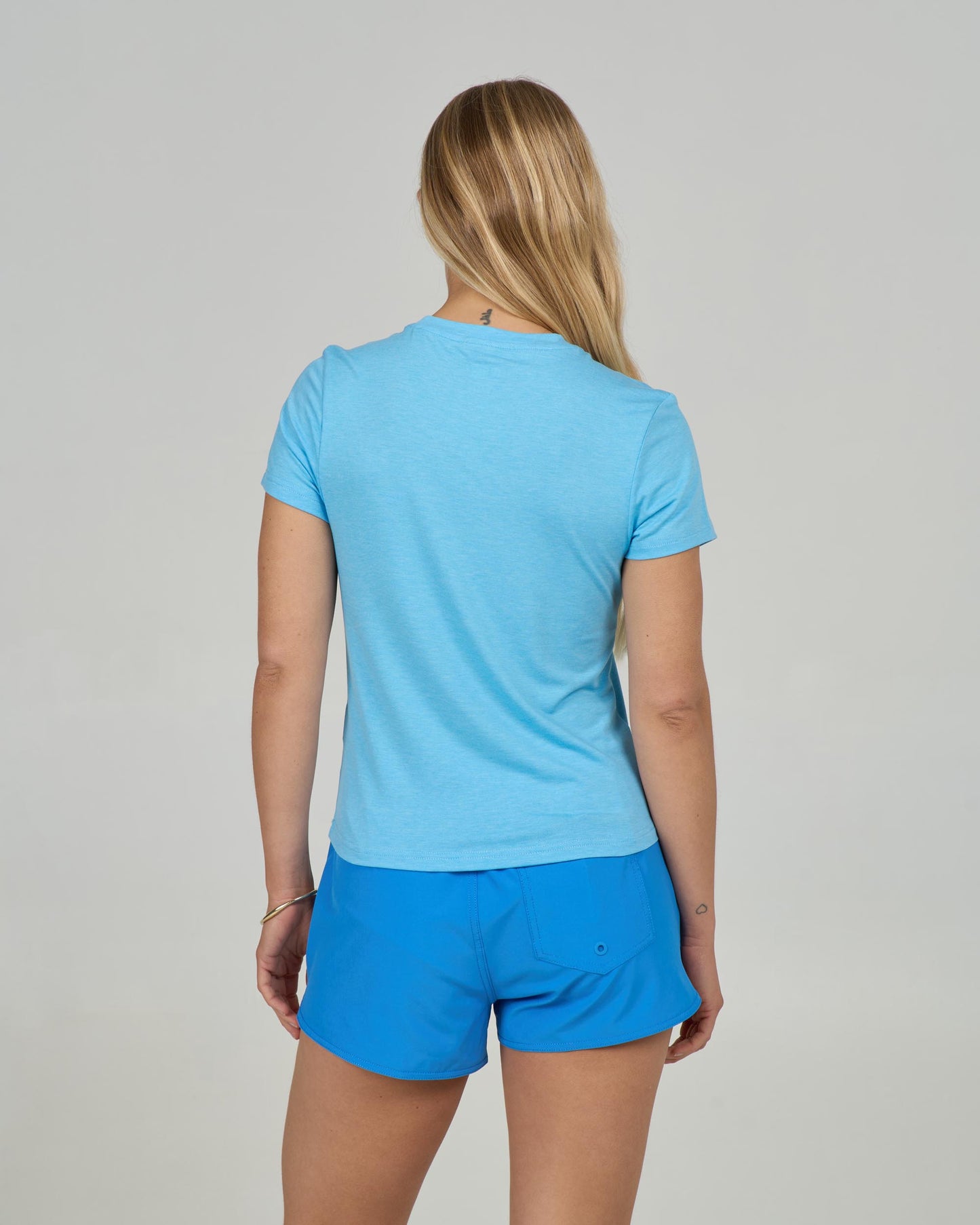 Back view of the Alpha Tech Tee - Pool Blue. 
