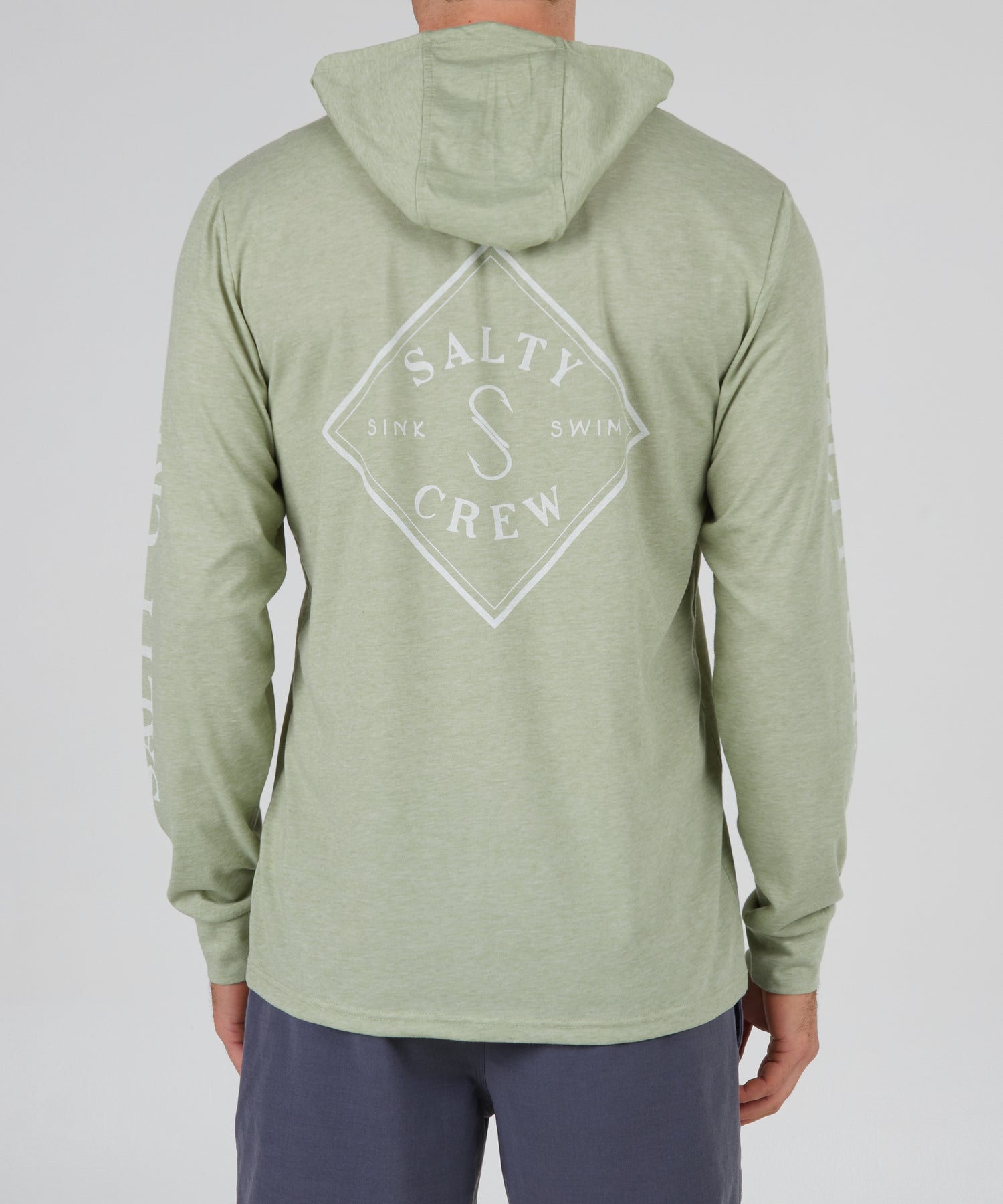 back view of Tippet Dusty Sage Pocket Hood Tech Tee