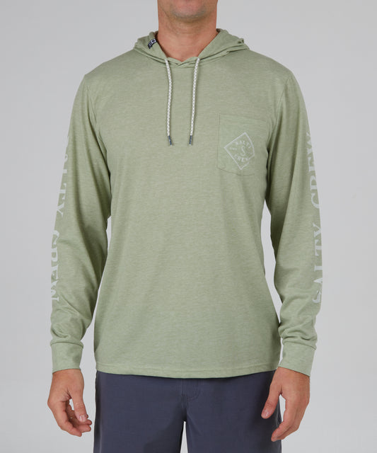 front view of Tippet Dusty Sage Pocket Hood Tech Tee