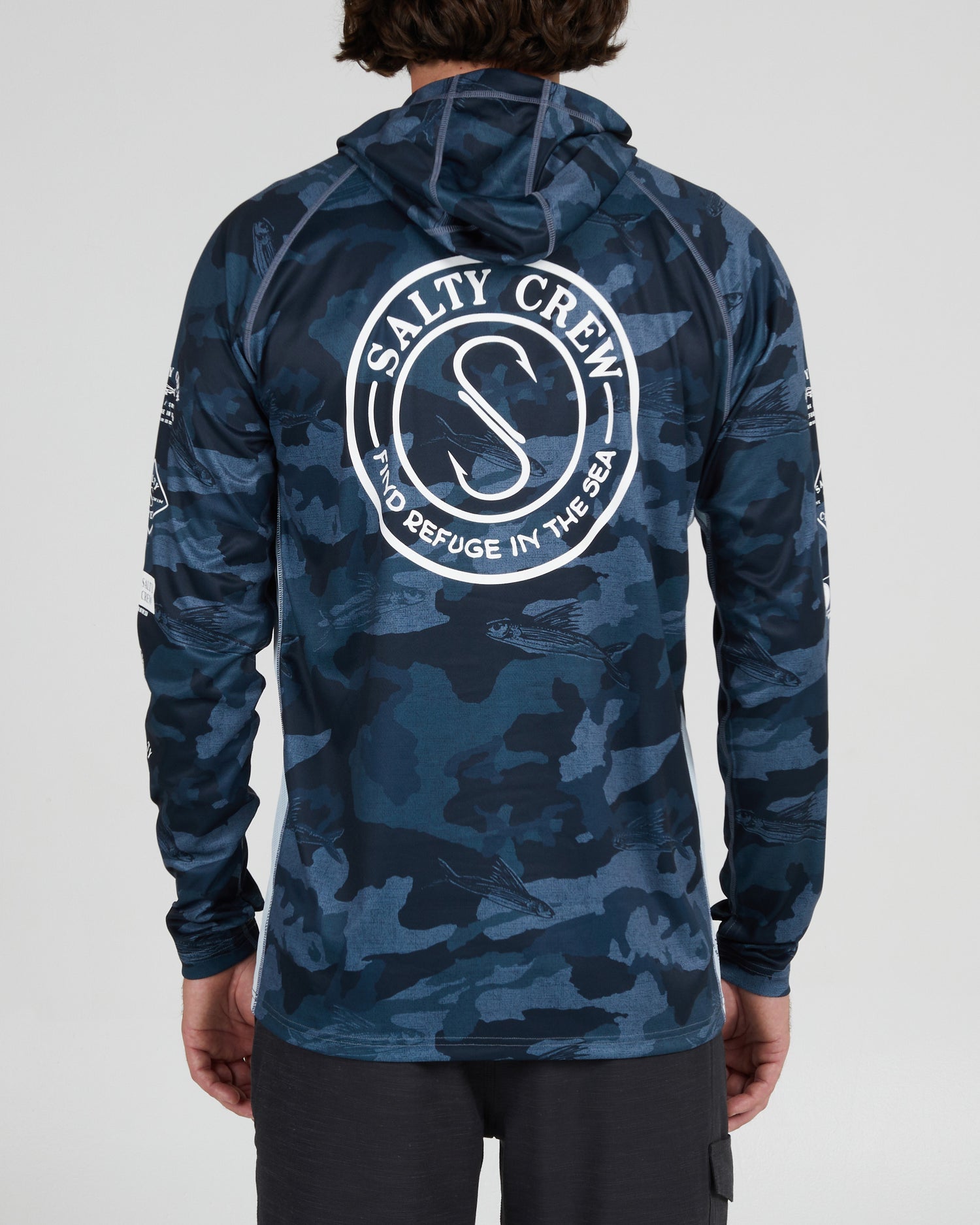 back view of Palomar Blue Camo Pinnacle + Hood Sunshirt
