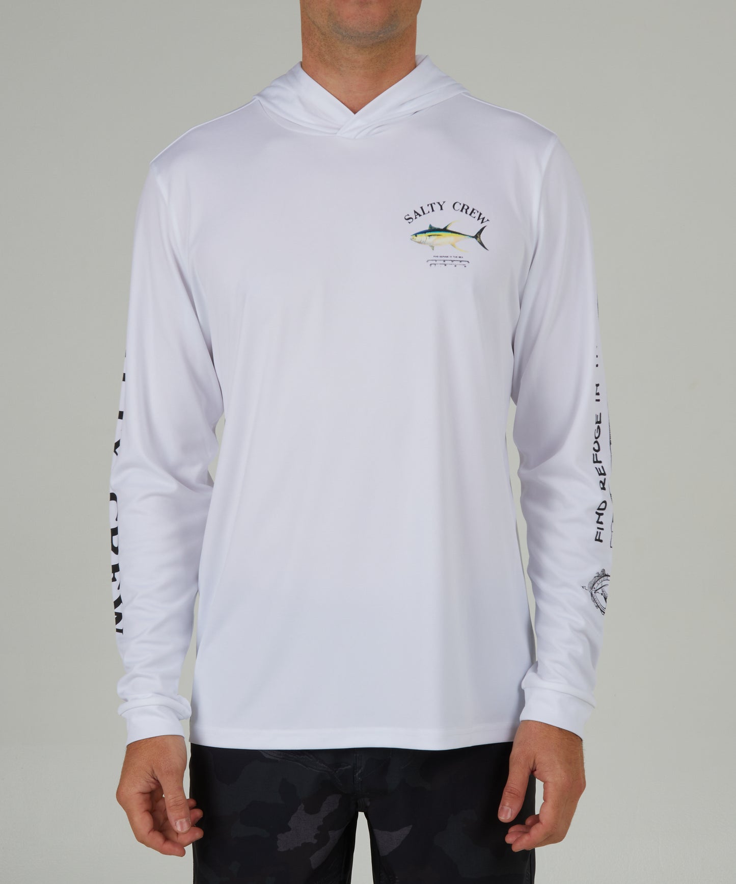 front view of Ahi Mount White Hood Sunshirt
