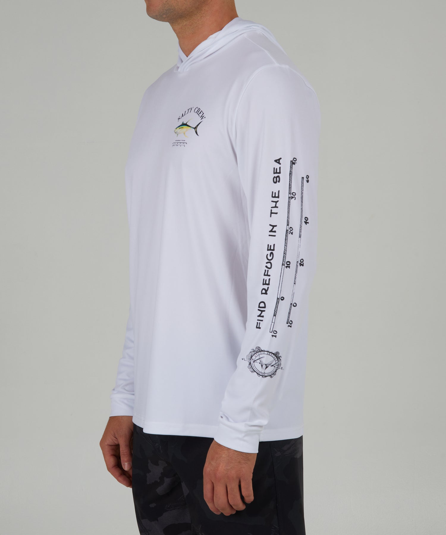 front angled view of Ahi Mount White Hood Sunshirt
