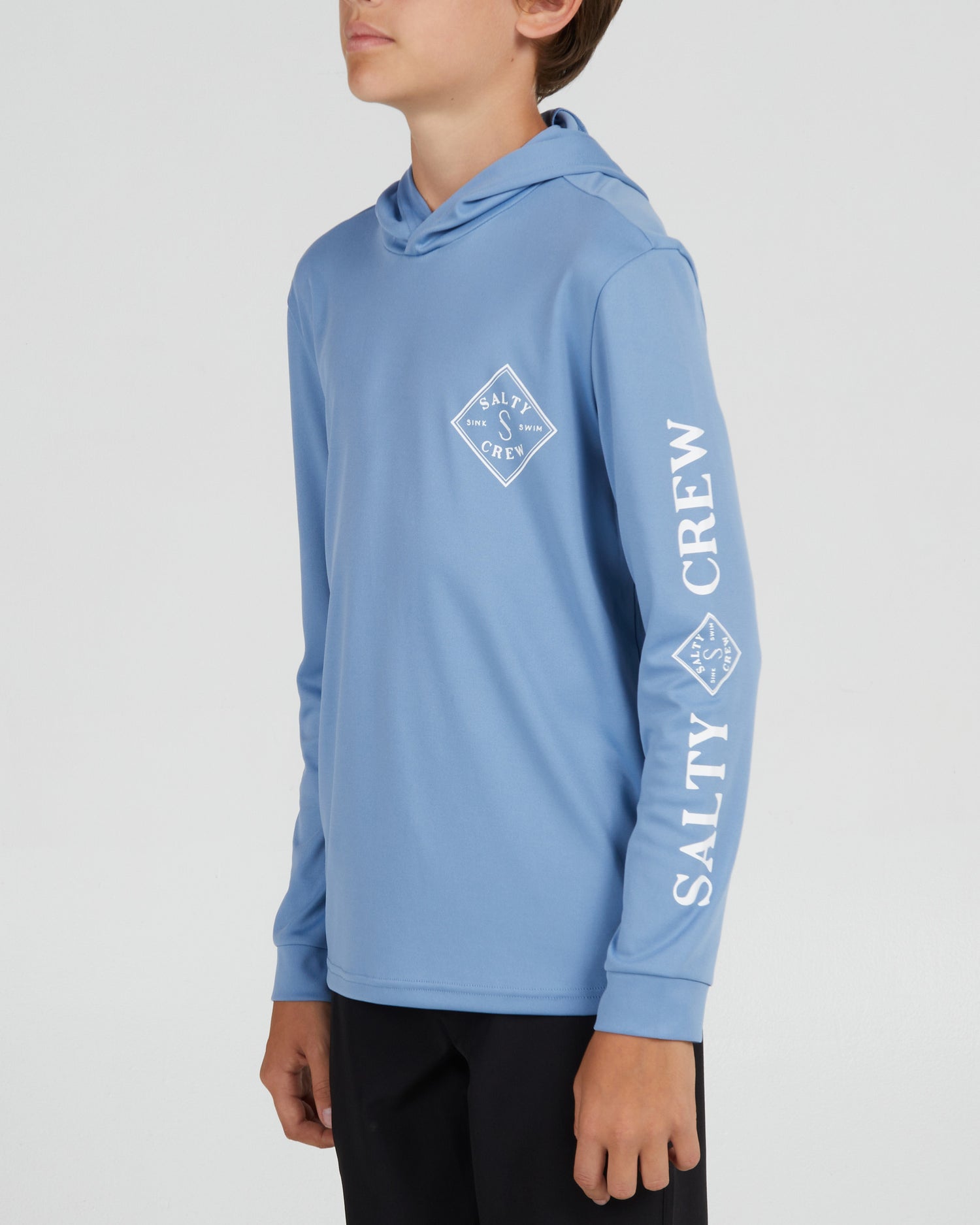 On body front angle of the Tippet Boys Marine Blue Hood Sunshirt
