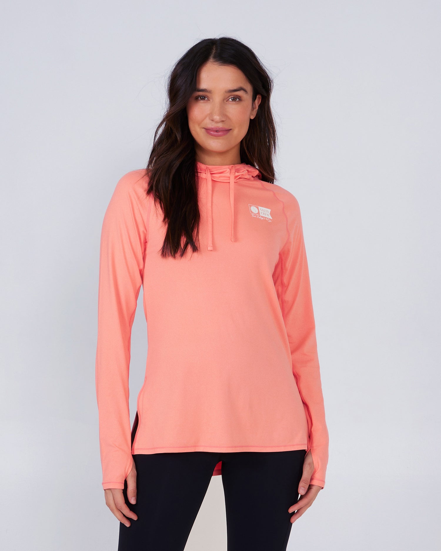 front view of Thrill Seekers Sunrise Coral Hooded Sunshirt