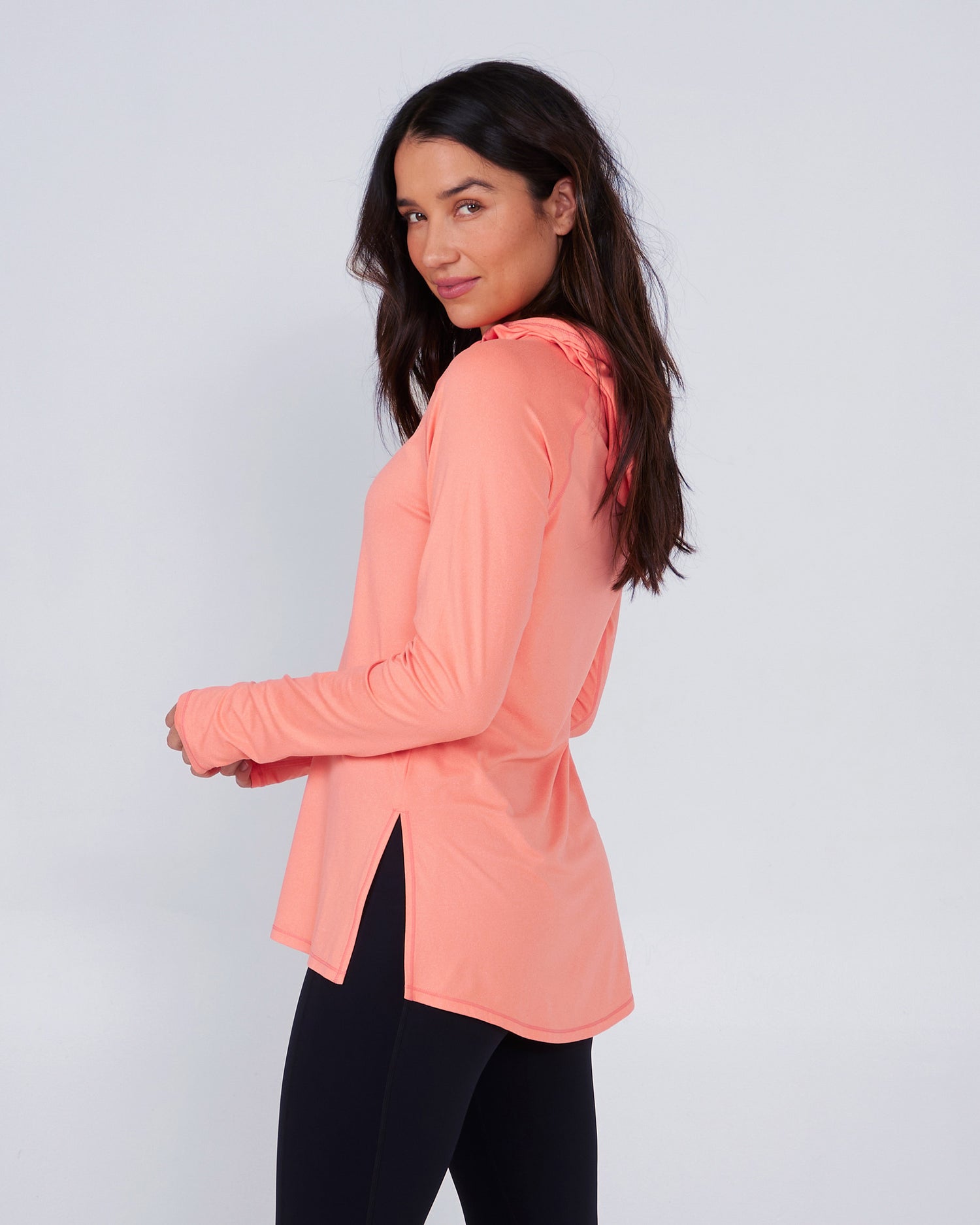 side view of Thrill Seekers Sunrise Coral Hooded Sunshirt
