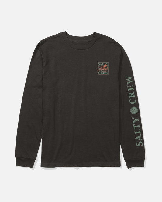The Salty Crew Ink Slinger Long Sleeve Tee in black features a small, screenprinted Salty Crew logo and fish graphic on the chest, with bold Salty Crew lettering down the right sleeve. Made from soft spun cotton for all-day comfort.