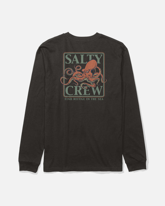 Introducing the Salty Crew Ink Slinger Long Sleeve Tee in black—a soft spun cotton t-shirt with long sleeves, featuring a bold screenprinted red octopus graphic on the back, along with “Salty Crew” and “Find Refuge in the Sea” printed in green and white text.