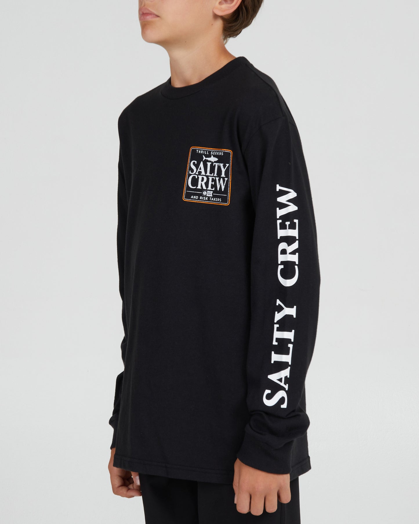 On body front angle of the Coaster Boys Black L/S Tee