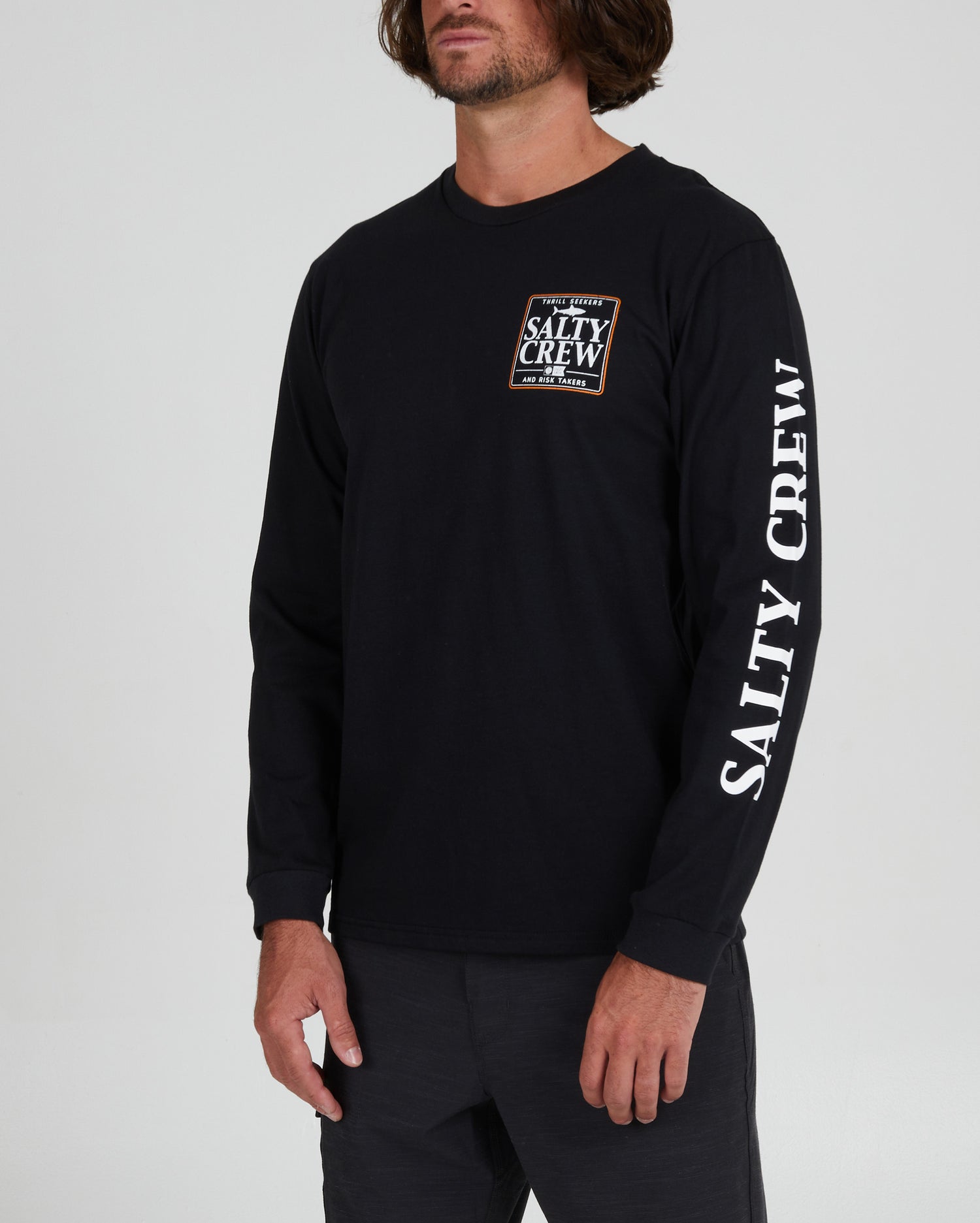 On body front angle of the Coaster Black L/S Premium Tee