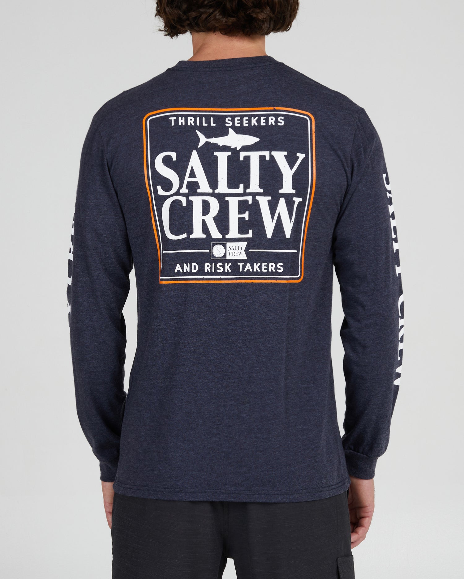On body back of the Coaster Navy Heather L/S Premium Tee