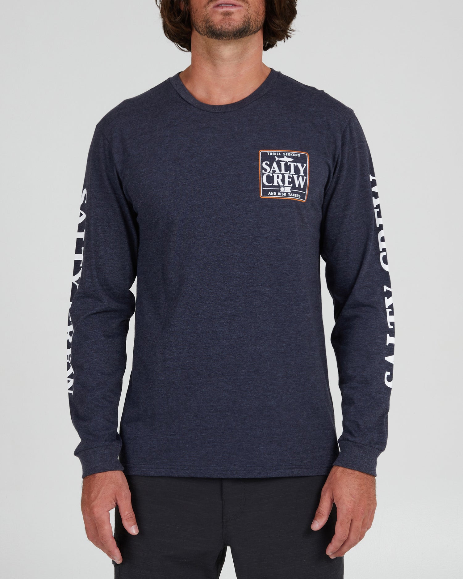 On body front of the Coaster Navy Heather L/S Premium Tee