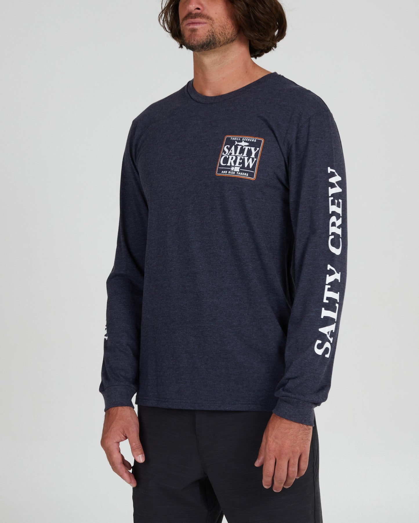 On body front angle of the Coaster Navy Heather L/S Premium Tee