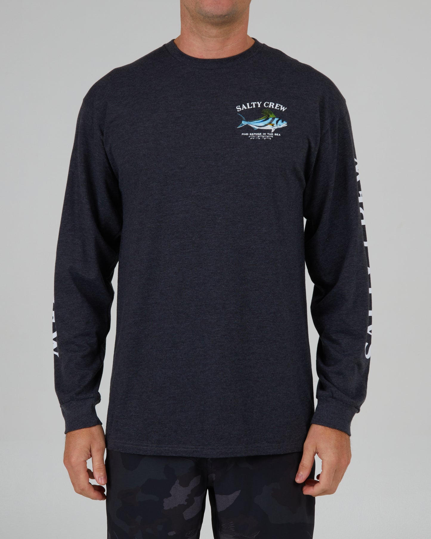 front view of Rooster Charcoal Heather L/S Premium Tee