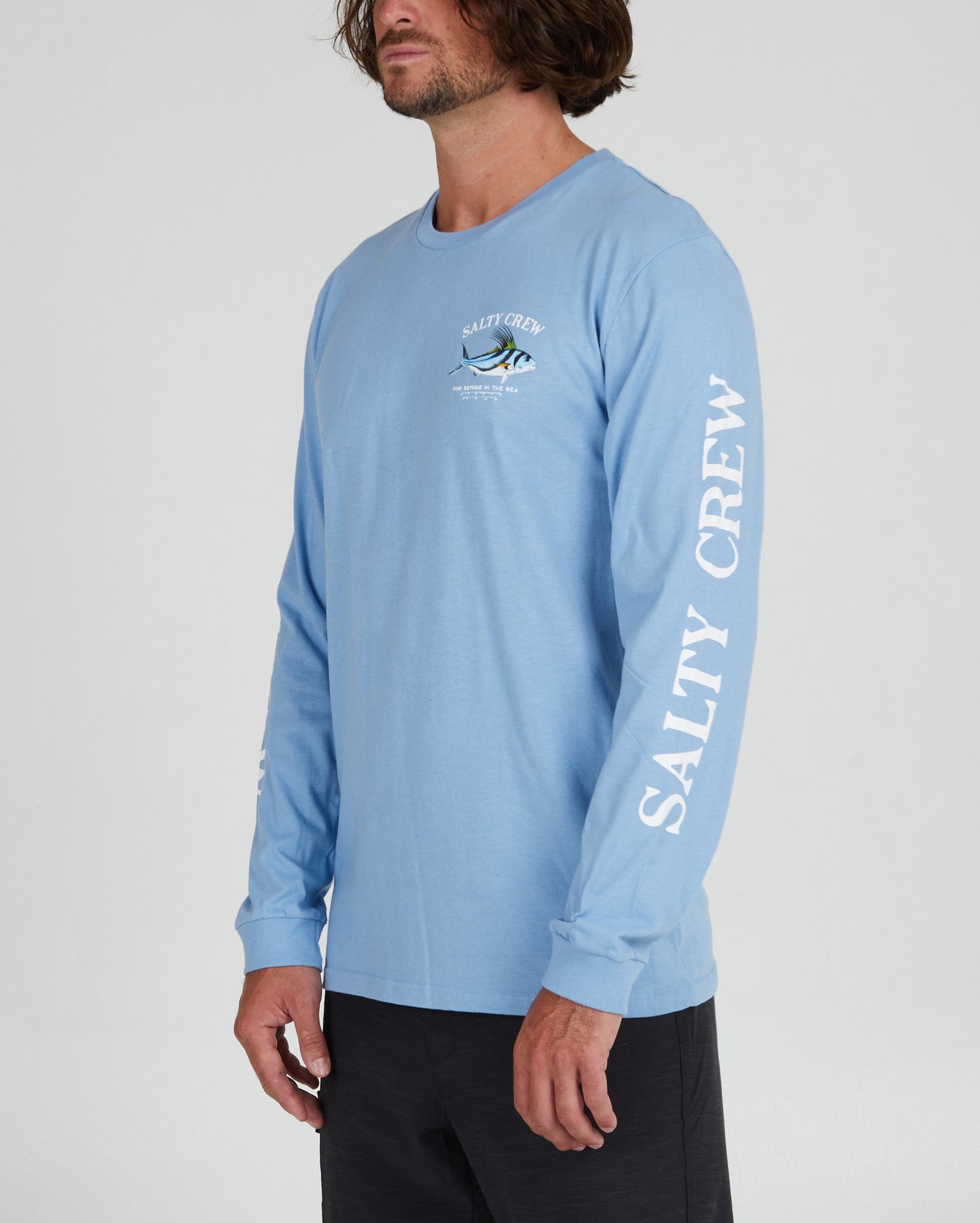 front angled Rooster Marine Blue L/S Premium Tee