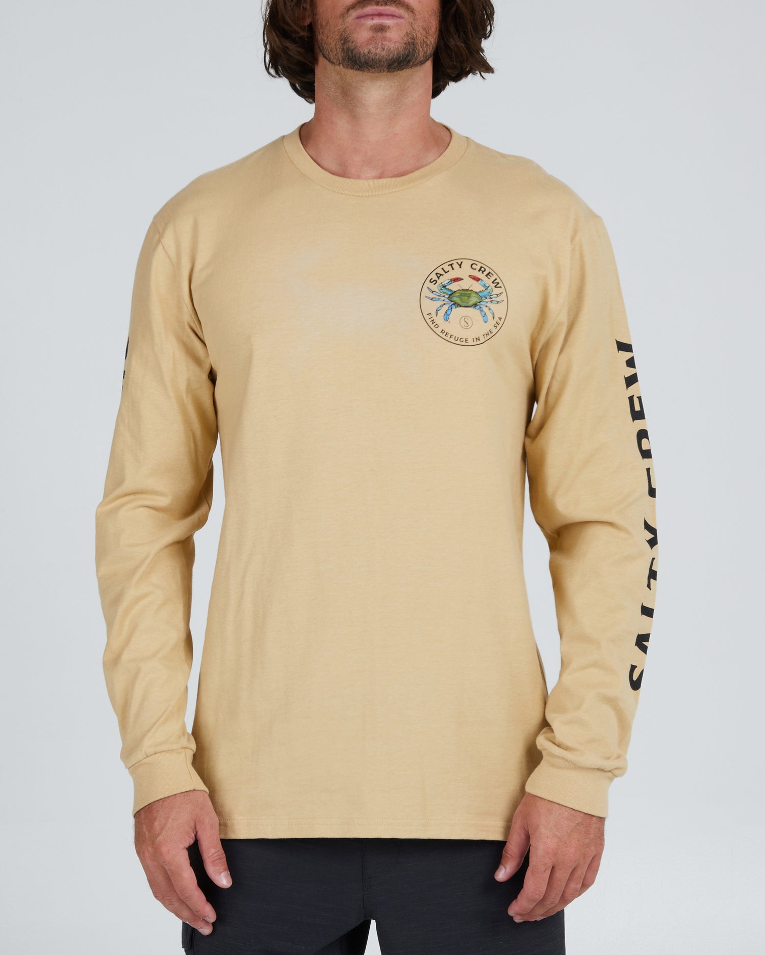 front view of Blue Crabber Camel L/S Premium Tee