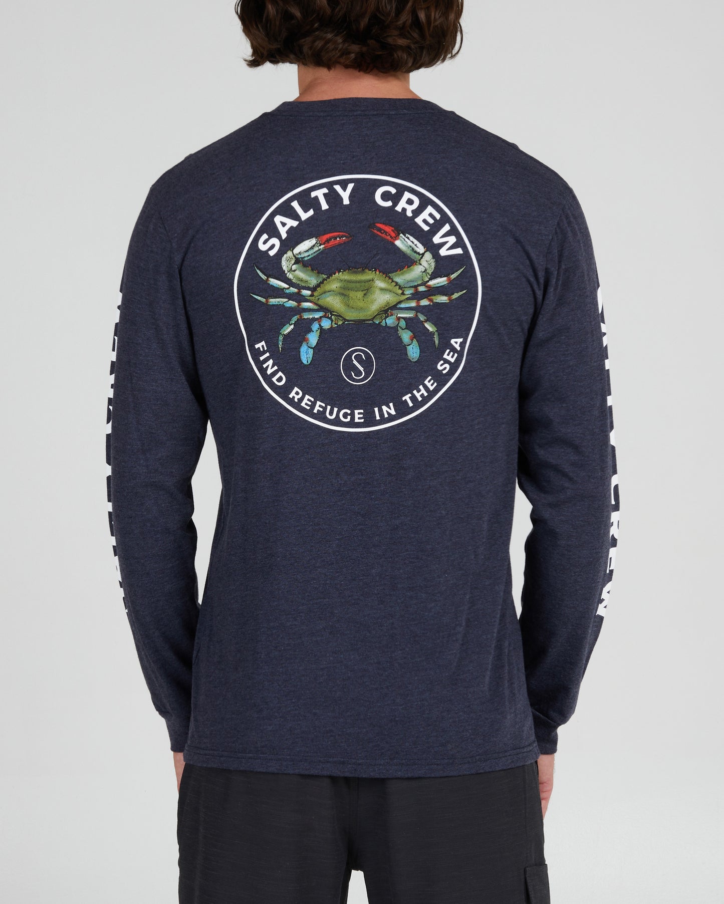 back view of Blue Crabber Navy Heather L/S Premium Tee