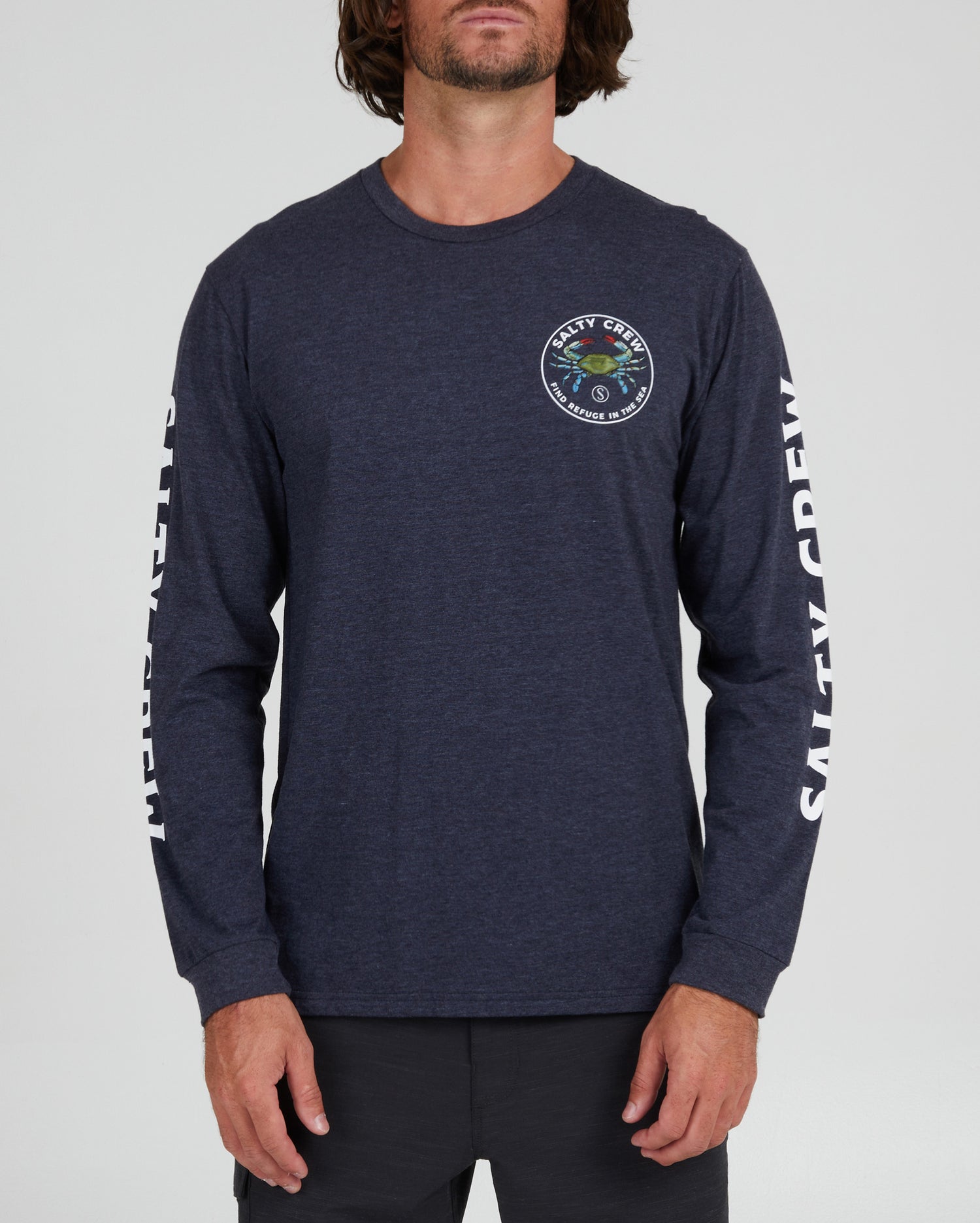 front view of Blue Crabber Navy Heather L/S Premium Tee