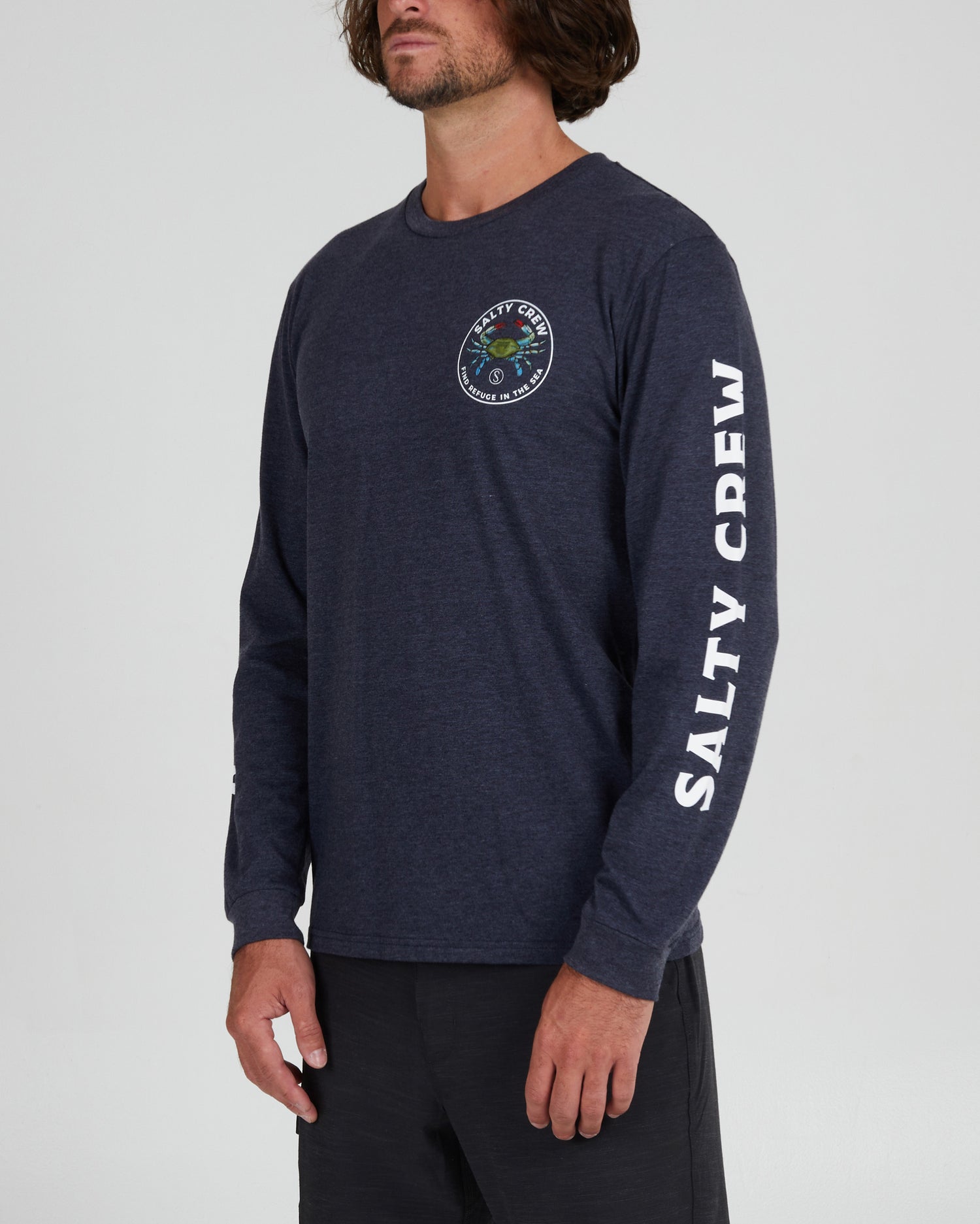 front angled Blue Crabber Navy Heather L/S Premium Tee