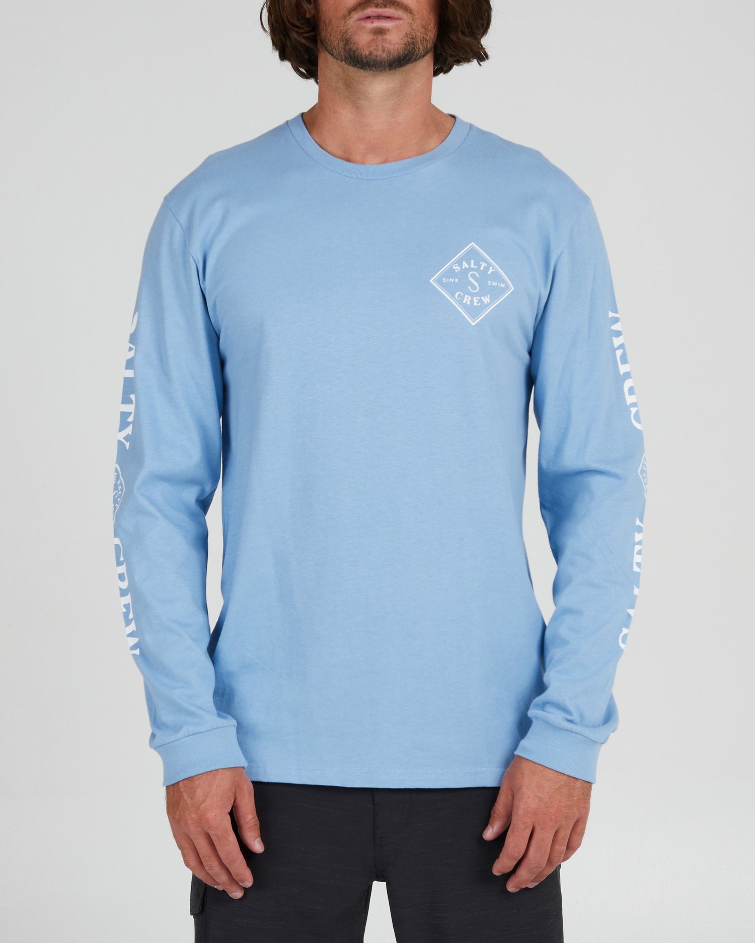 On body front of the Tippet Marine Blue L/S Premium Tee