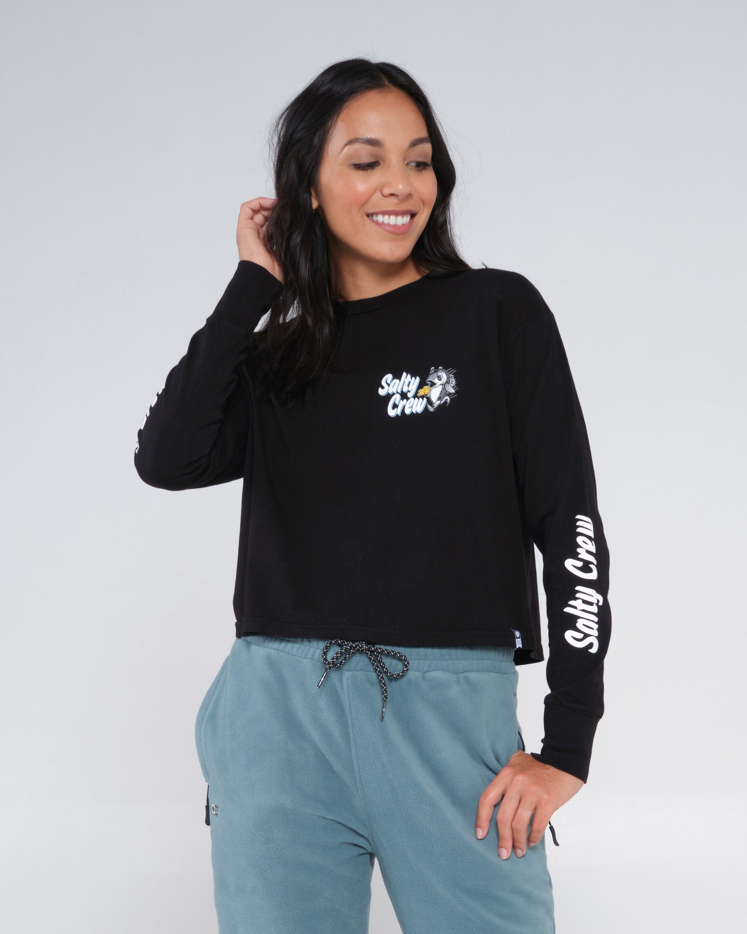 front angled Fish N Chips Black L/S Crop Tee