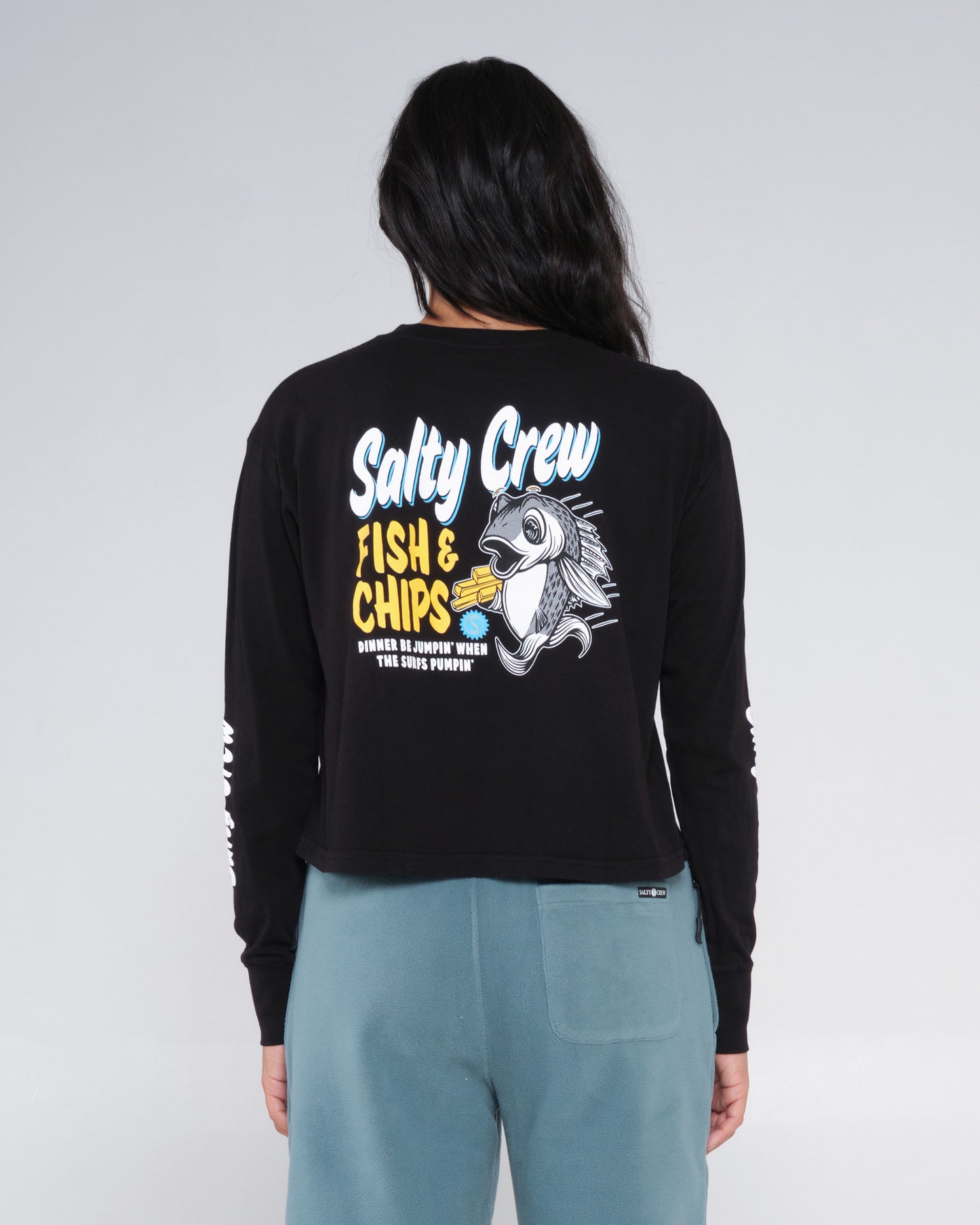 back view of Fish N Chips Black L/S Crop Tee