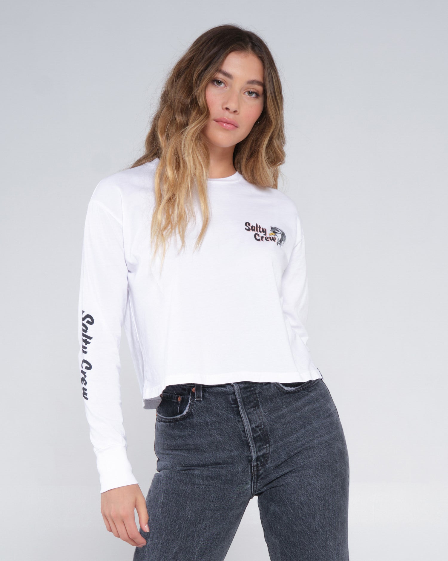 front view of Fish N Chips White L/S Crop Tee