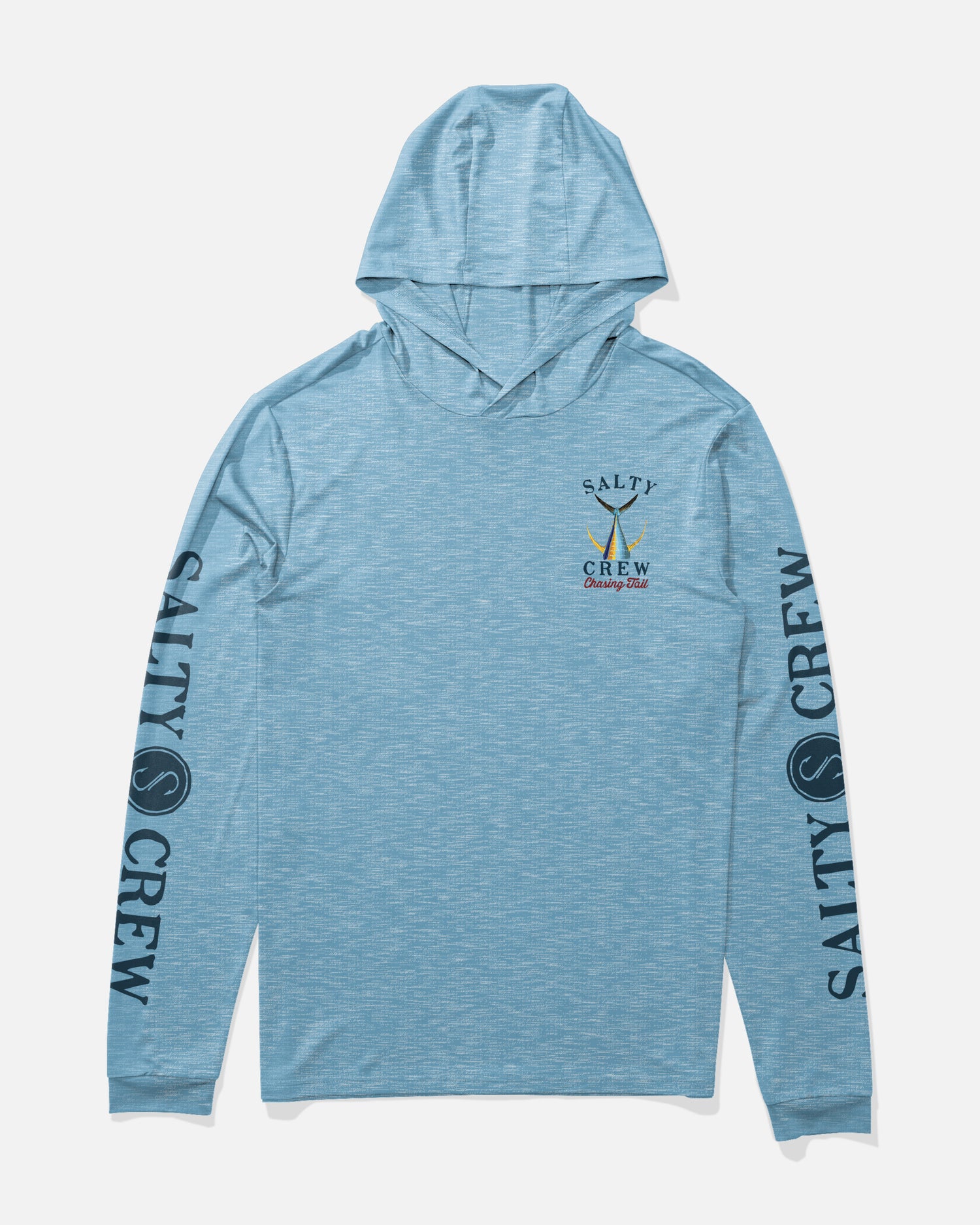 Front view of the Tailed Hood Sunshirt - Blue Heather. 