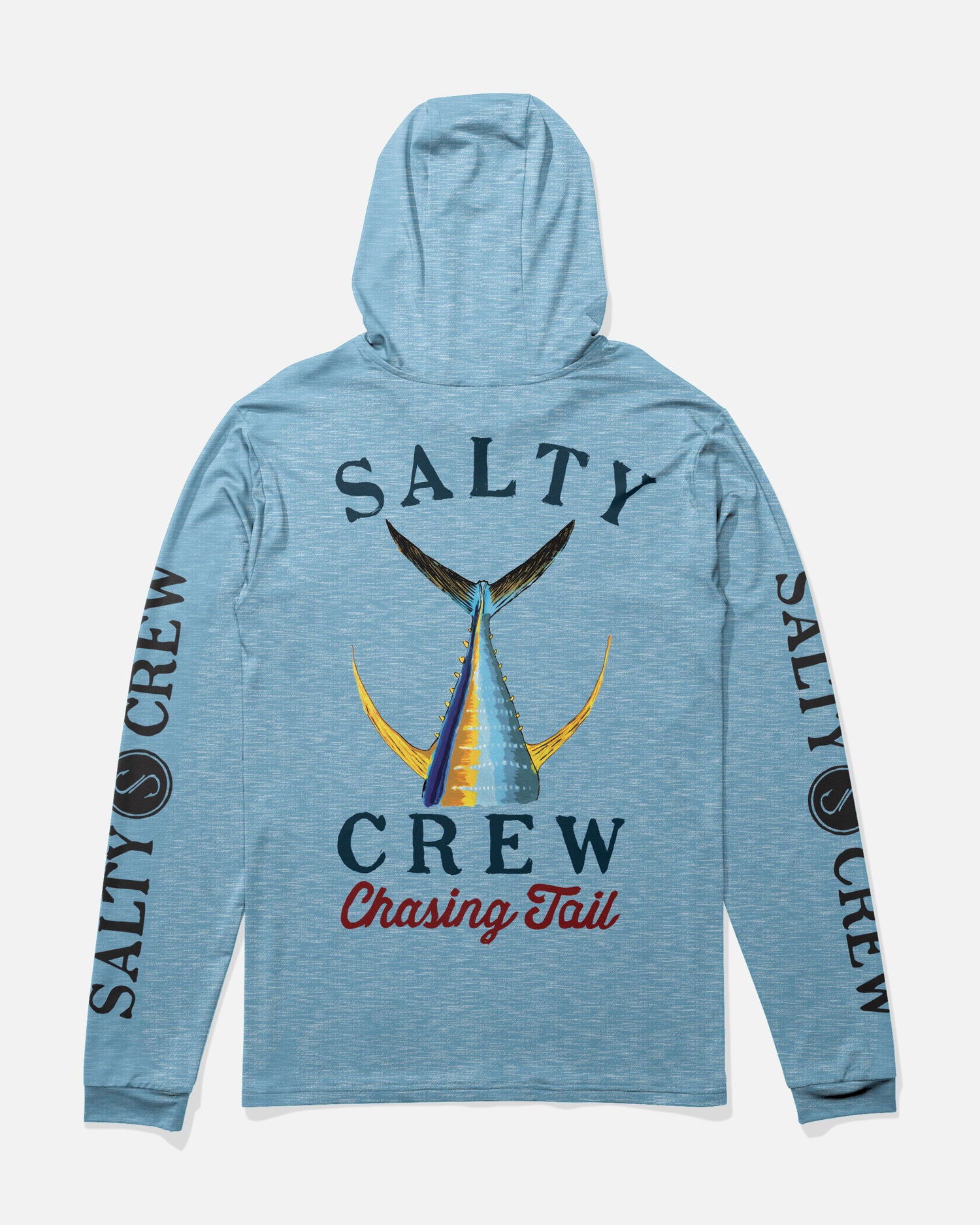 Back view of the Tailed Hood Sunshirt - Blue Heather. 