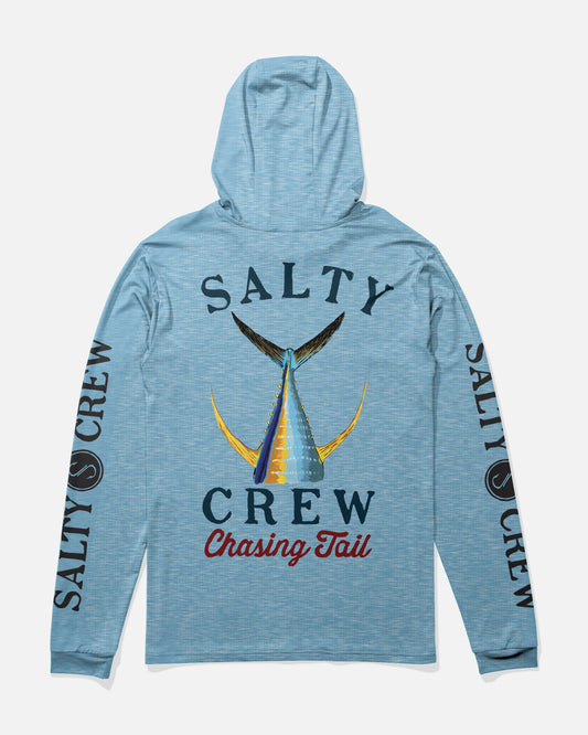 Back view of the Tailed Hood Sunshirt - Blue Heather. 