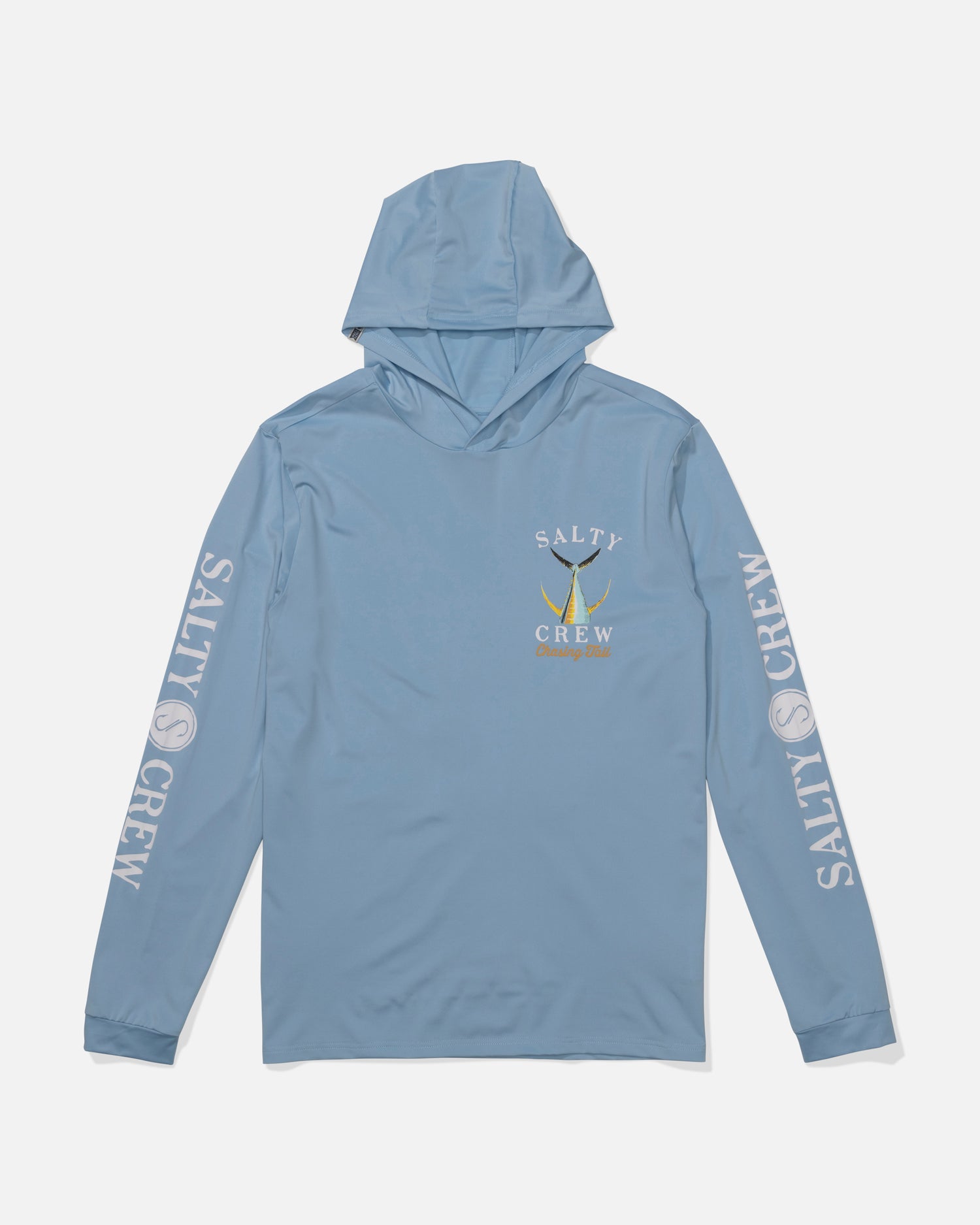 The Salty Crew Tailed Hood Sunshirt - Clear Sky is a light blue hooded shirt with UPF 50+, white SALTY CREW print on both sleeves, and a left chest logo featuring a yellow fish and Salty Crew text.