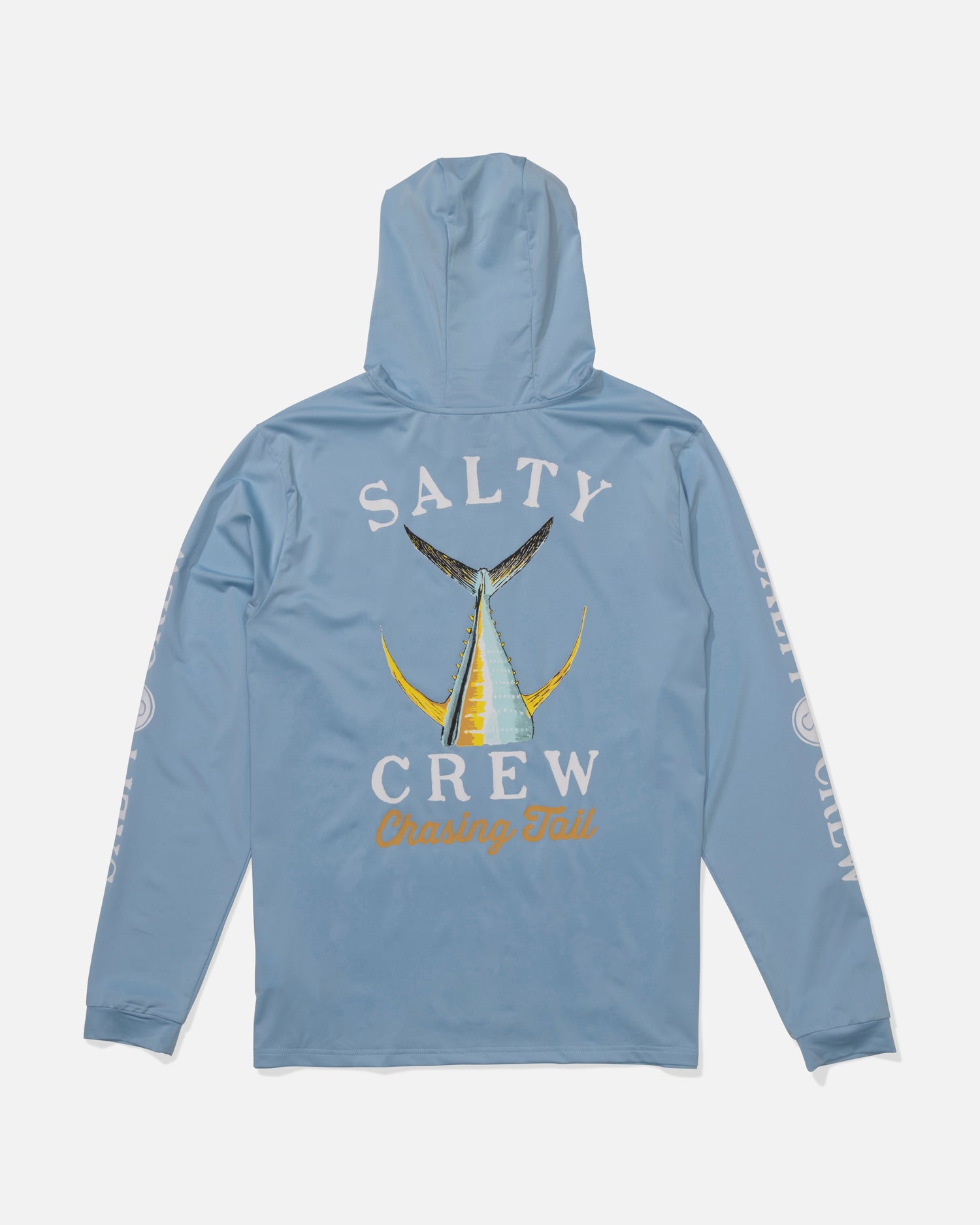 The Salty Crew Tailed Hood Sunshirt - Clear Sky is a light blue UPF 50+ sunshirt with a fish tail graphic and "Salty Crew Chasing Tail" on the back, plus Salty Crew branding down both sleeves.
