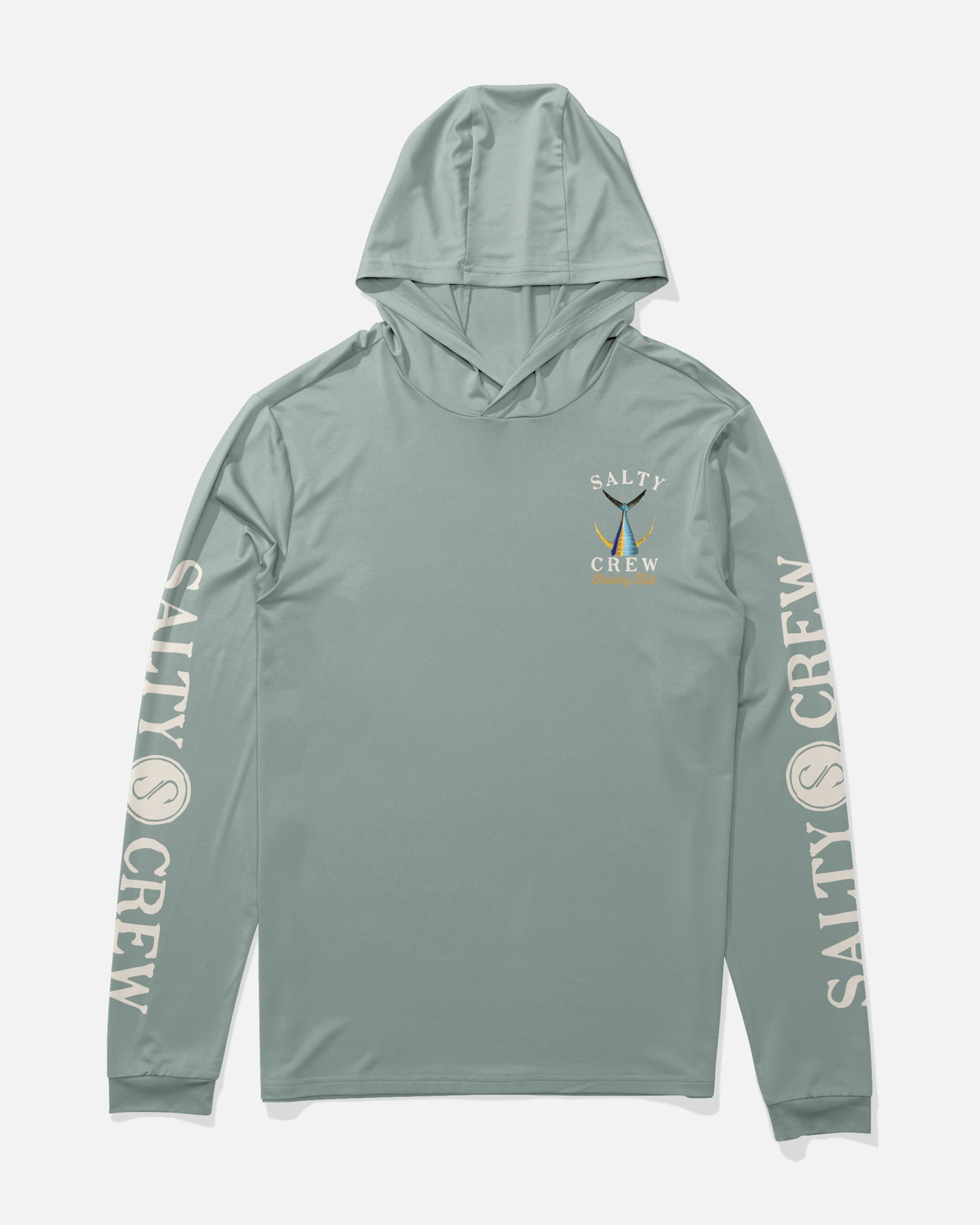 Front view of the Tailed Hood Sunshirt - Jade. 