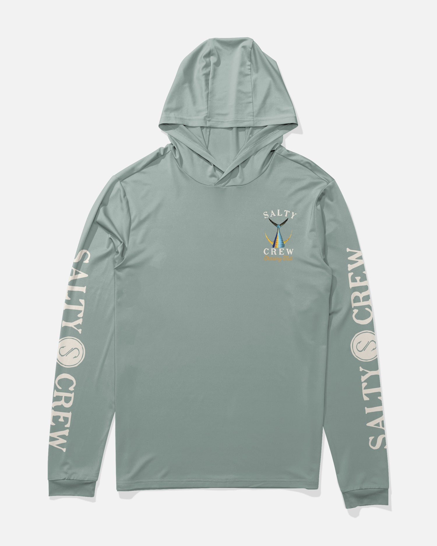 Front view of the Tailed Hood Sunshirt - Jade. 
