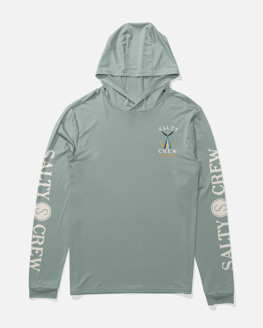 Front view of the Tailed Hood Sunshirt - Jade. 