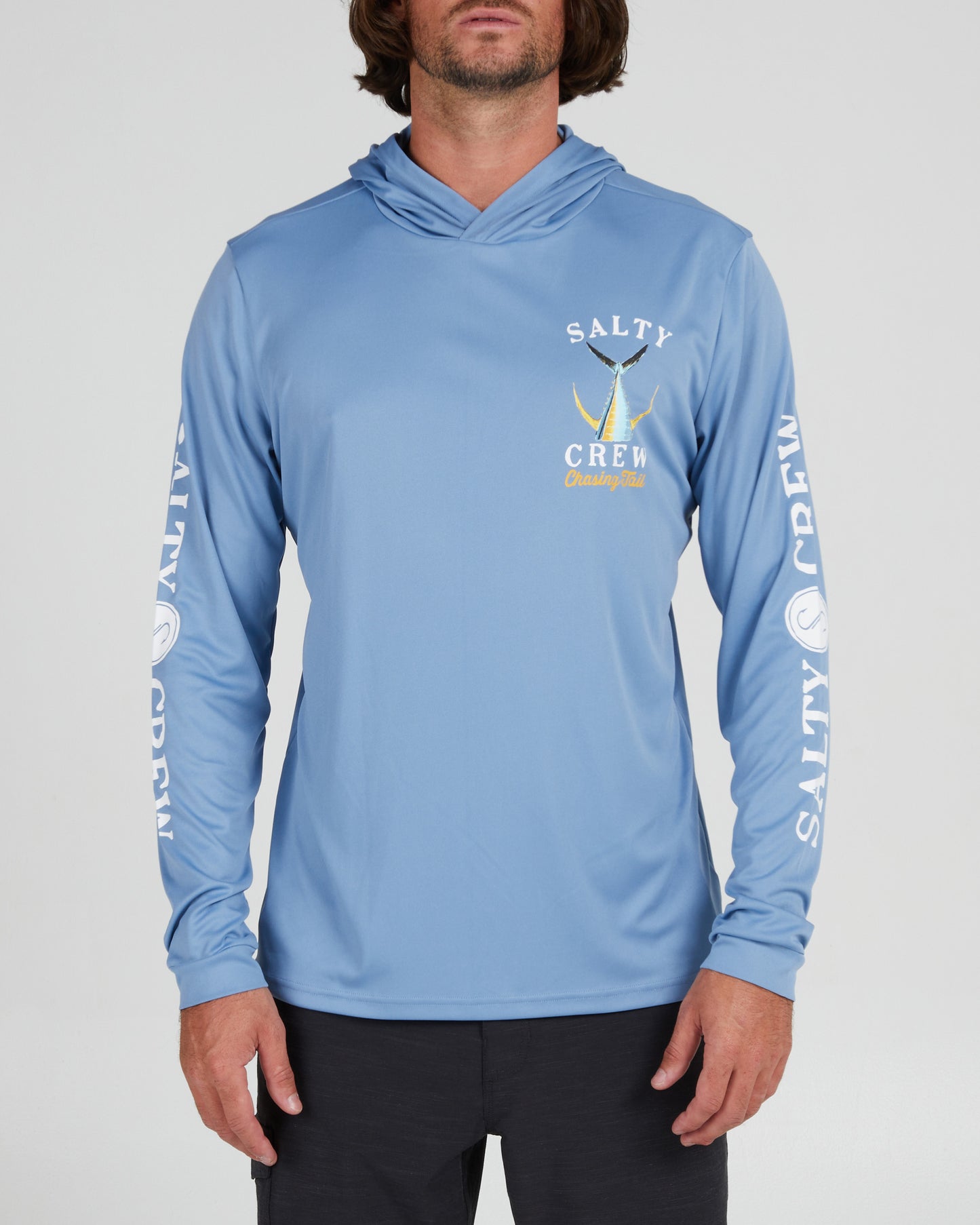 front view of Tailed Marine Blue Hood Sunshirt