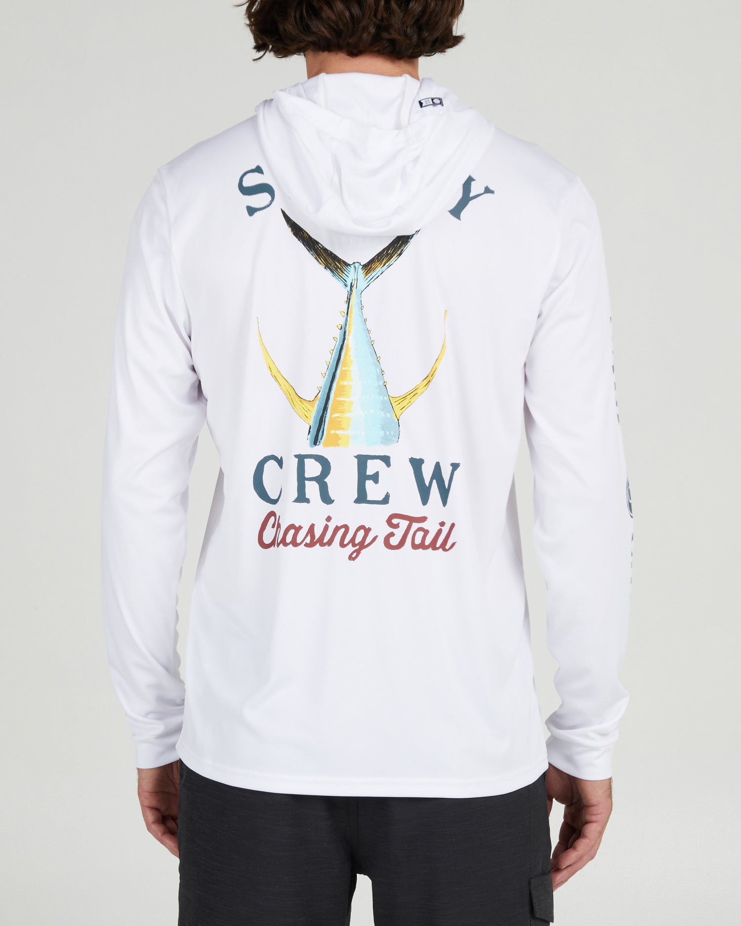 back view of Tailed White Hood Sunshirt