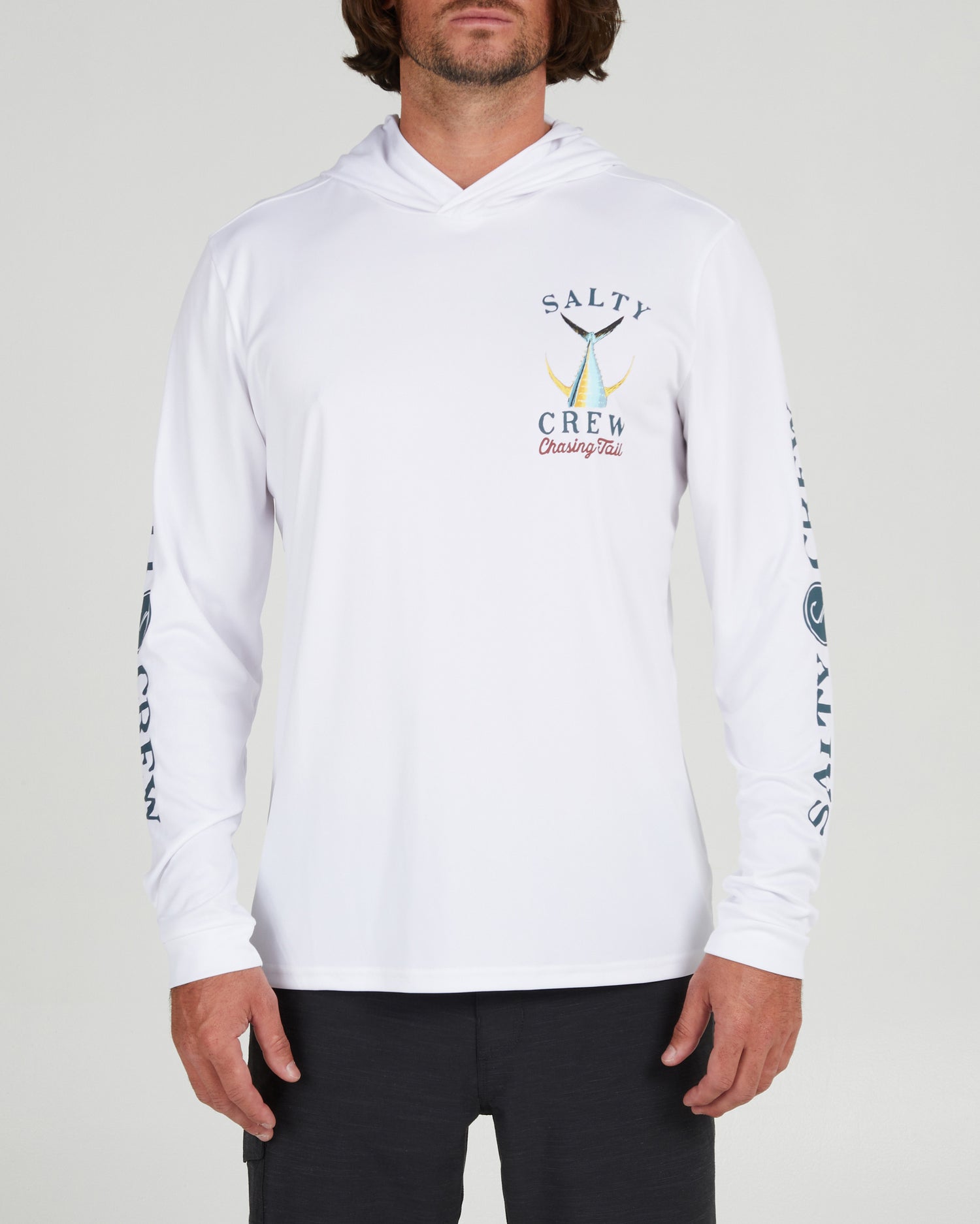 front view of Tailed White Hood Sunshirt