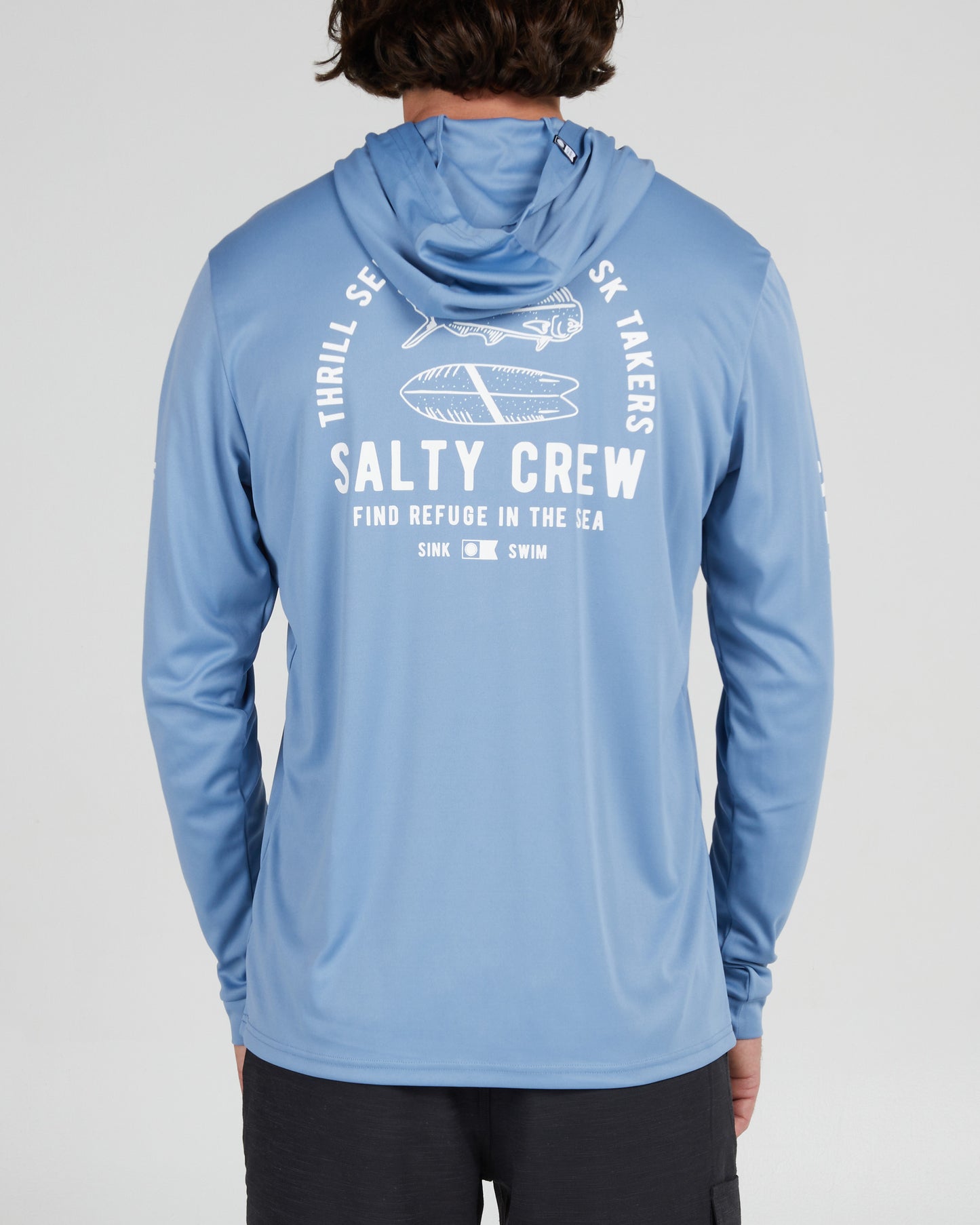 back view of Lateral Line Marine Blue Hood Sunshirt
