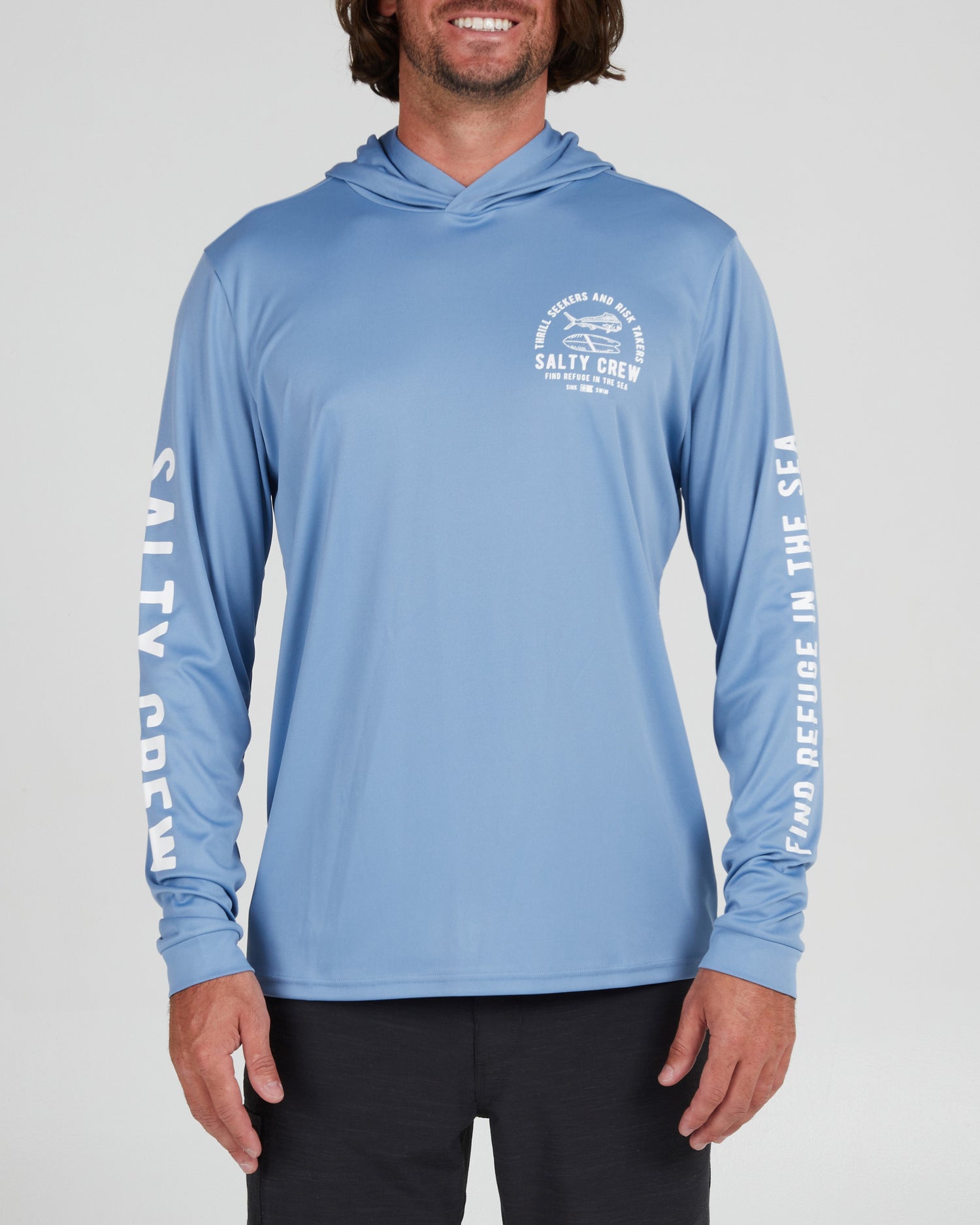 front view of Lateral Line Marine Blue Hood Sunshirt