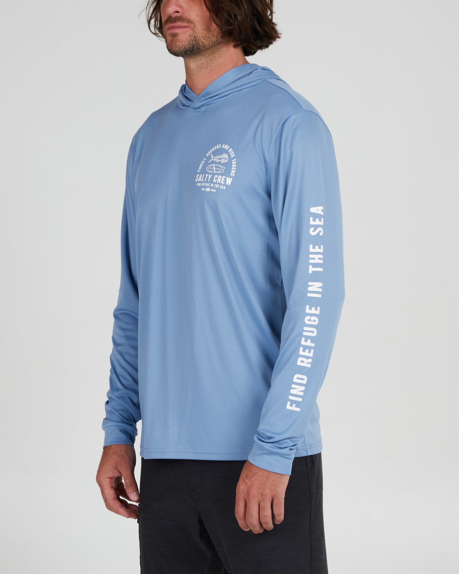 front angled Lateral Line Marine Blue Hood Sunshirt