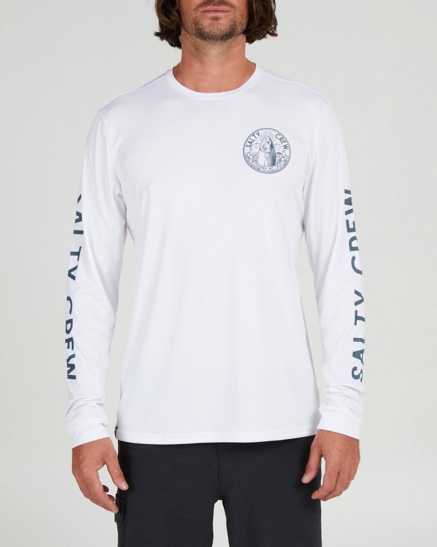 front view of Fishing We Trust White L/S Sunshirt