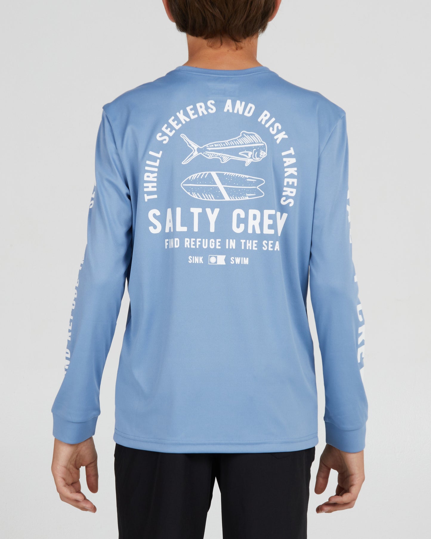 back view of Lateral Line Boys Marine Blue L/S Sunshirt