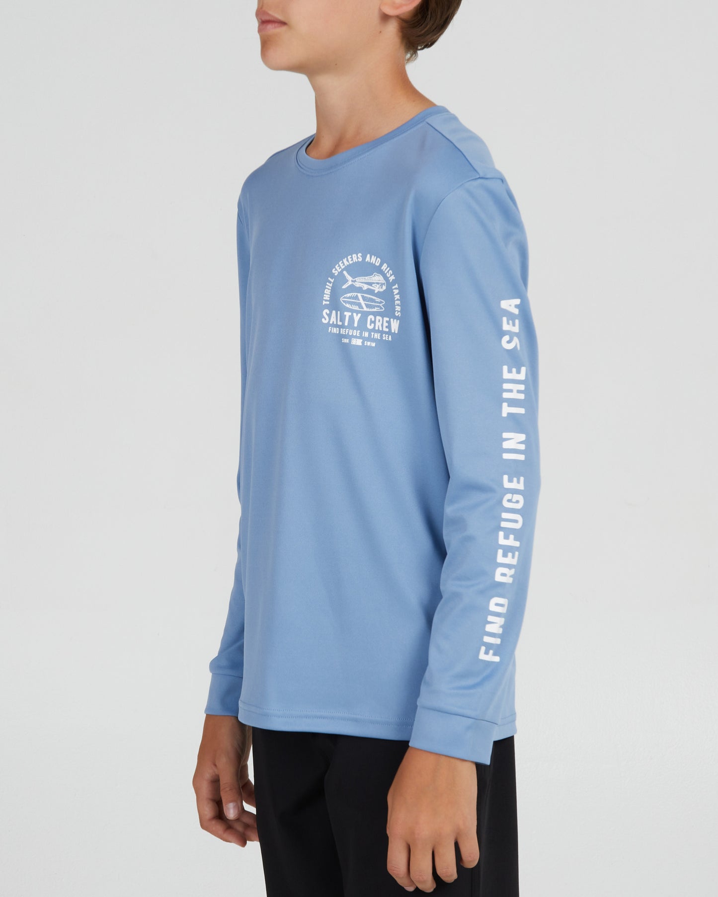 front angled Lateral Line Boys Marine Blue L/S Sunshirt