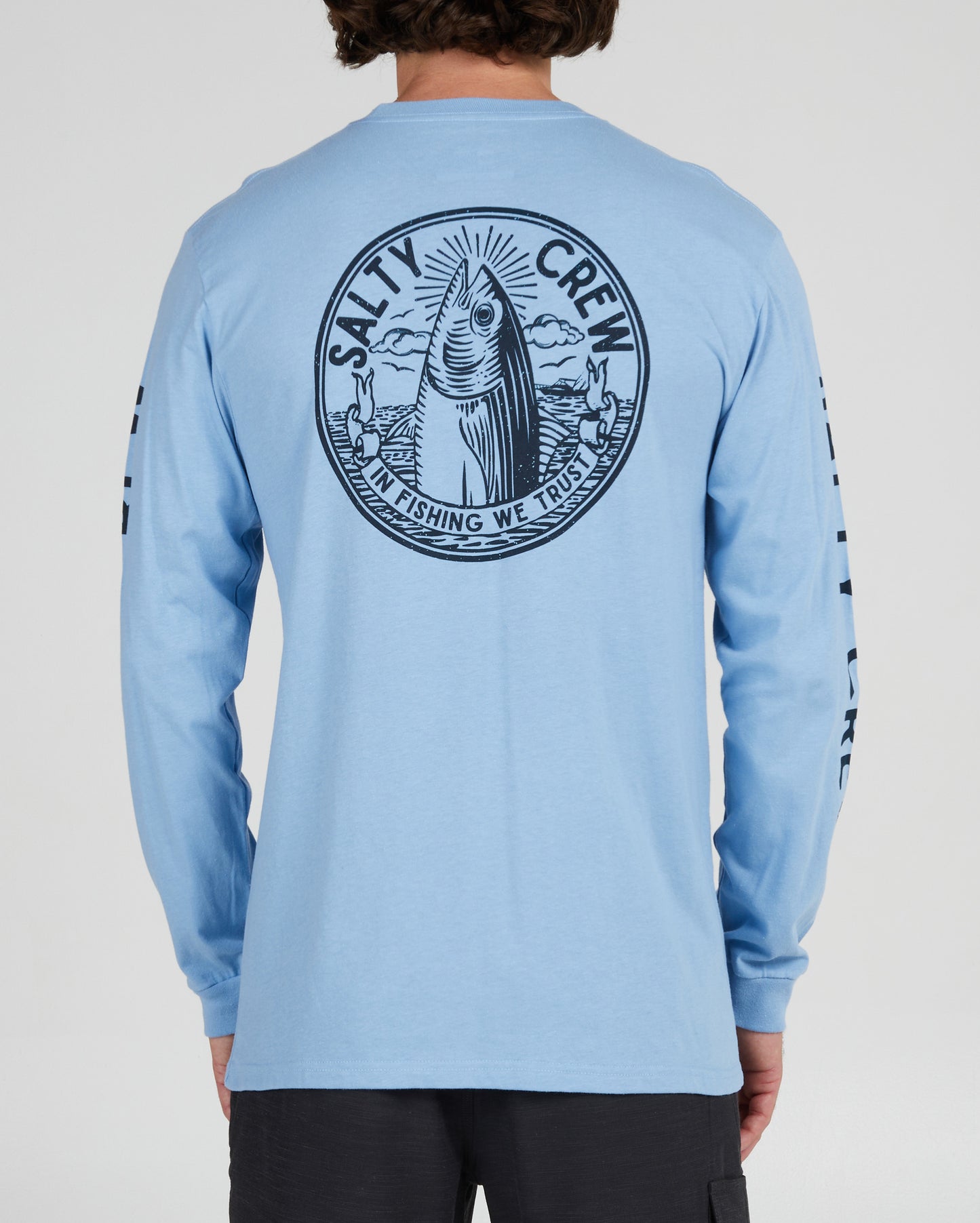 On body back of the In Fishing We Trust Marine Blue L/S Premium Tee